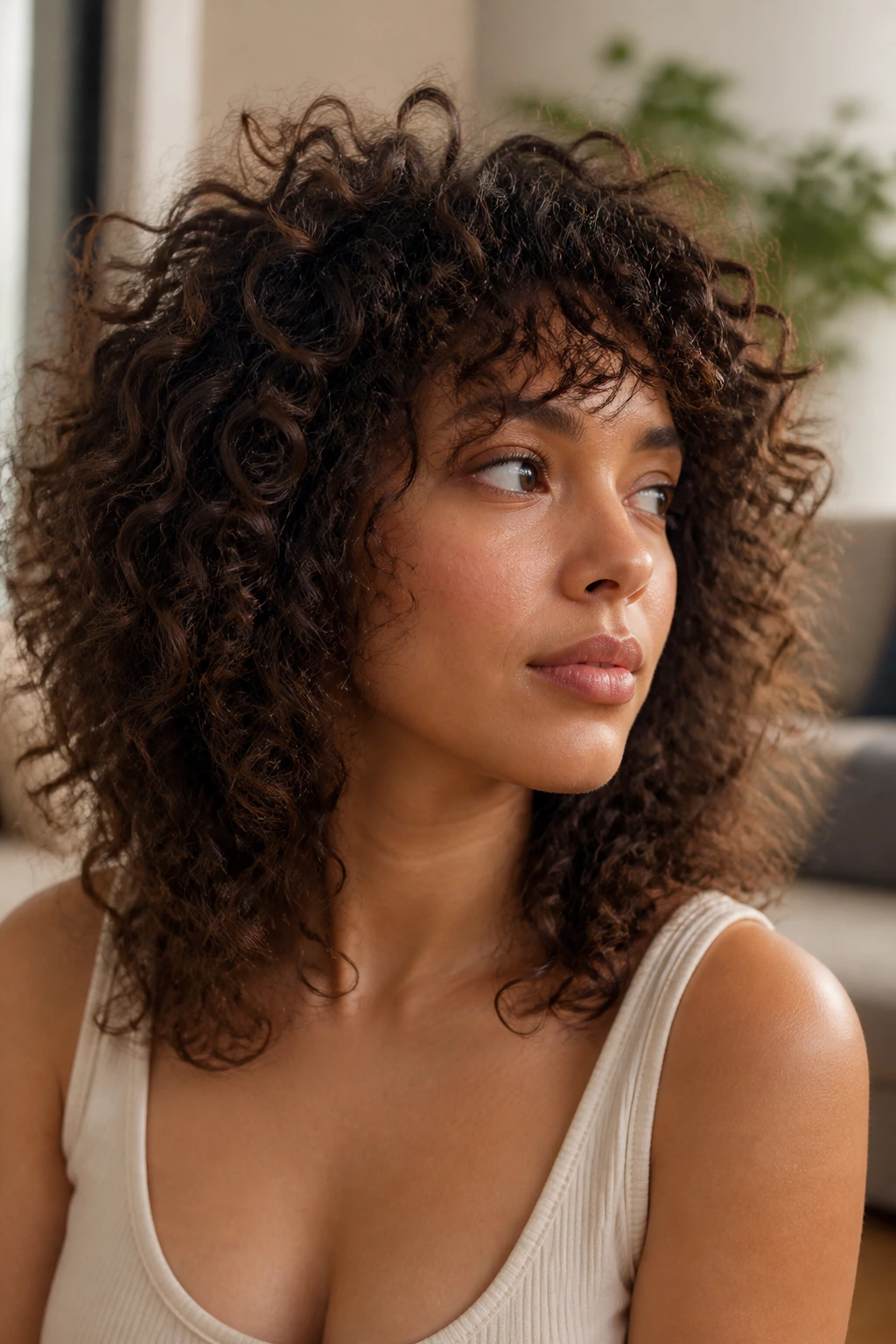 Close-up of a person with distinct curl pattern in a sunlit living room