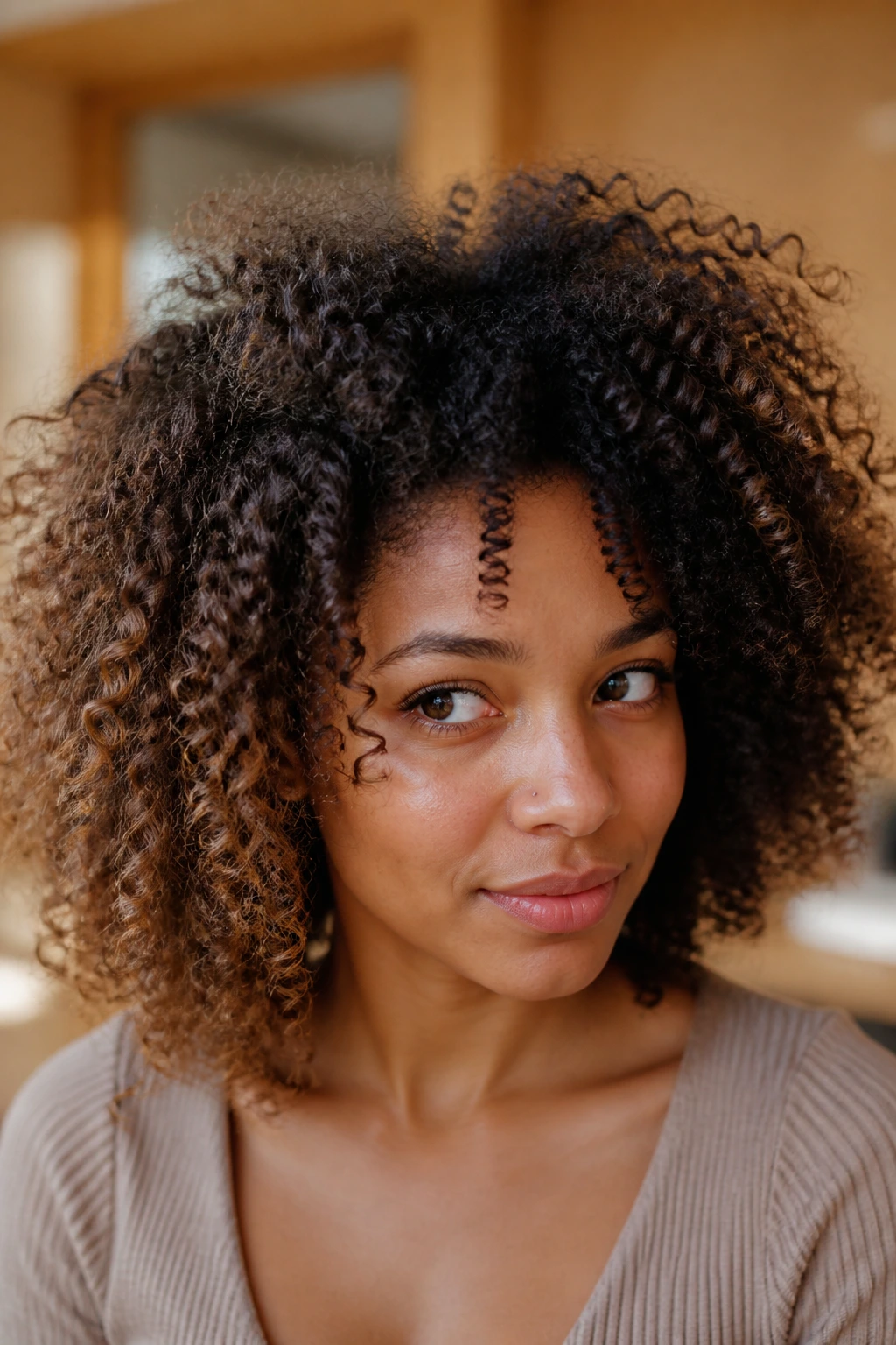 Close-up portrait showing different curl textures on head