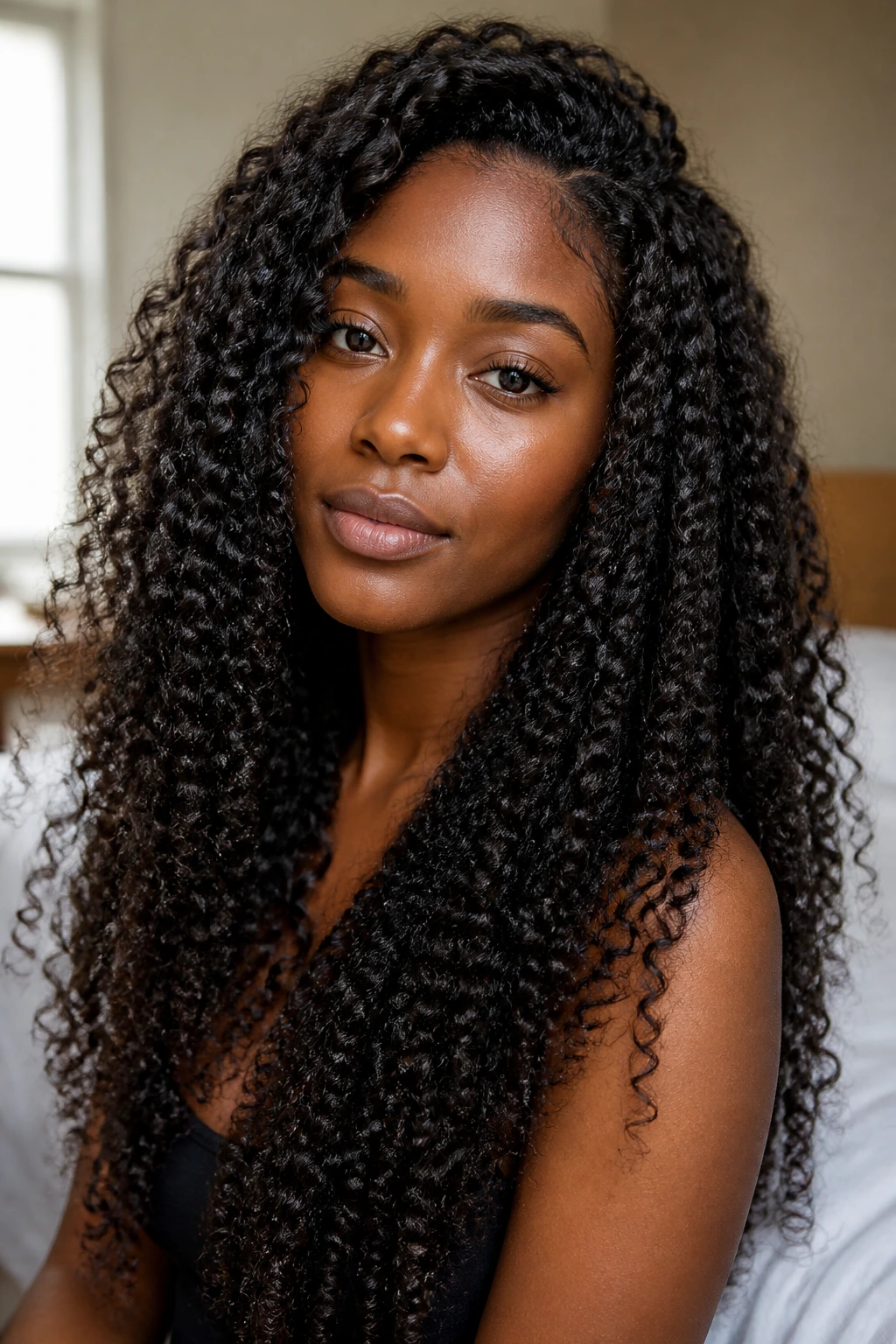 Close-up of a real woman's curly hair showing natural curl texture and patterns
