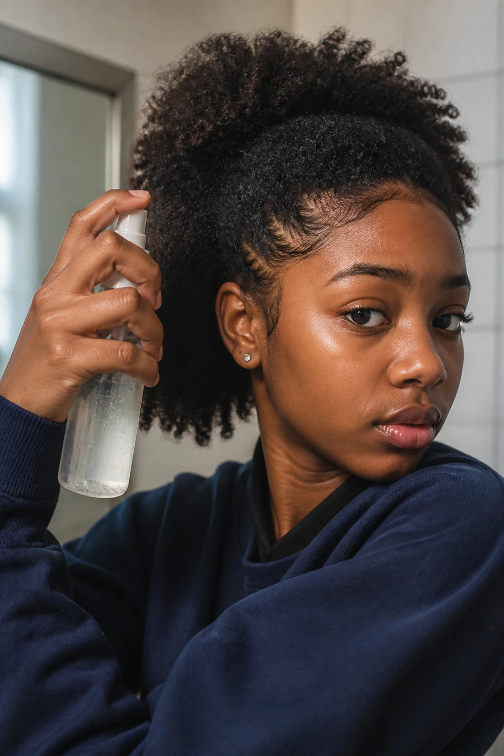 Student refreshing curls with spray in school bathroom corner