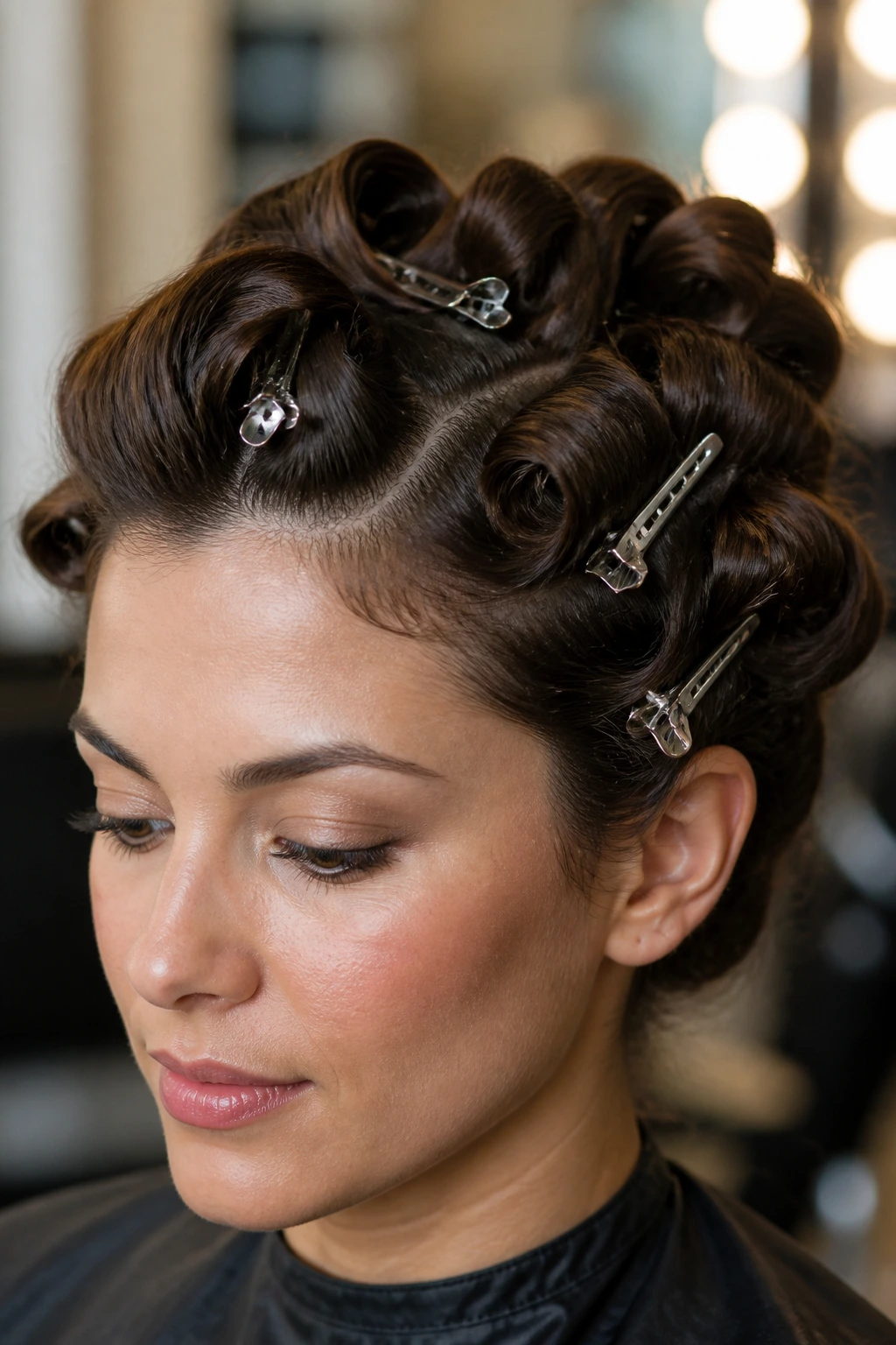 Curls pinned to head with duckbill clips in a salon