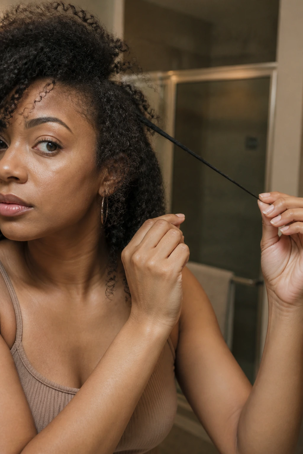 Close-up of a curl being gently stretched by fingers to show shrinkage