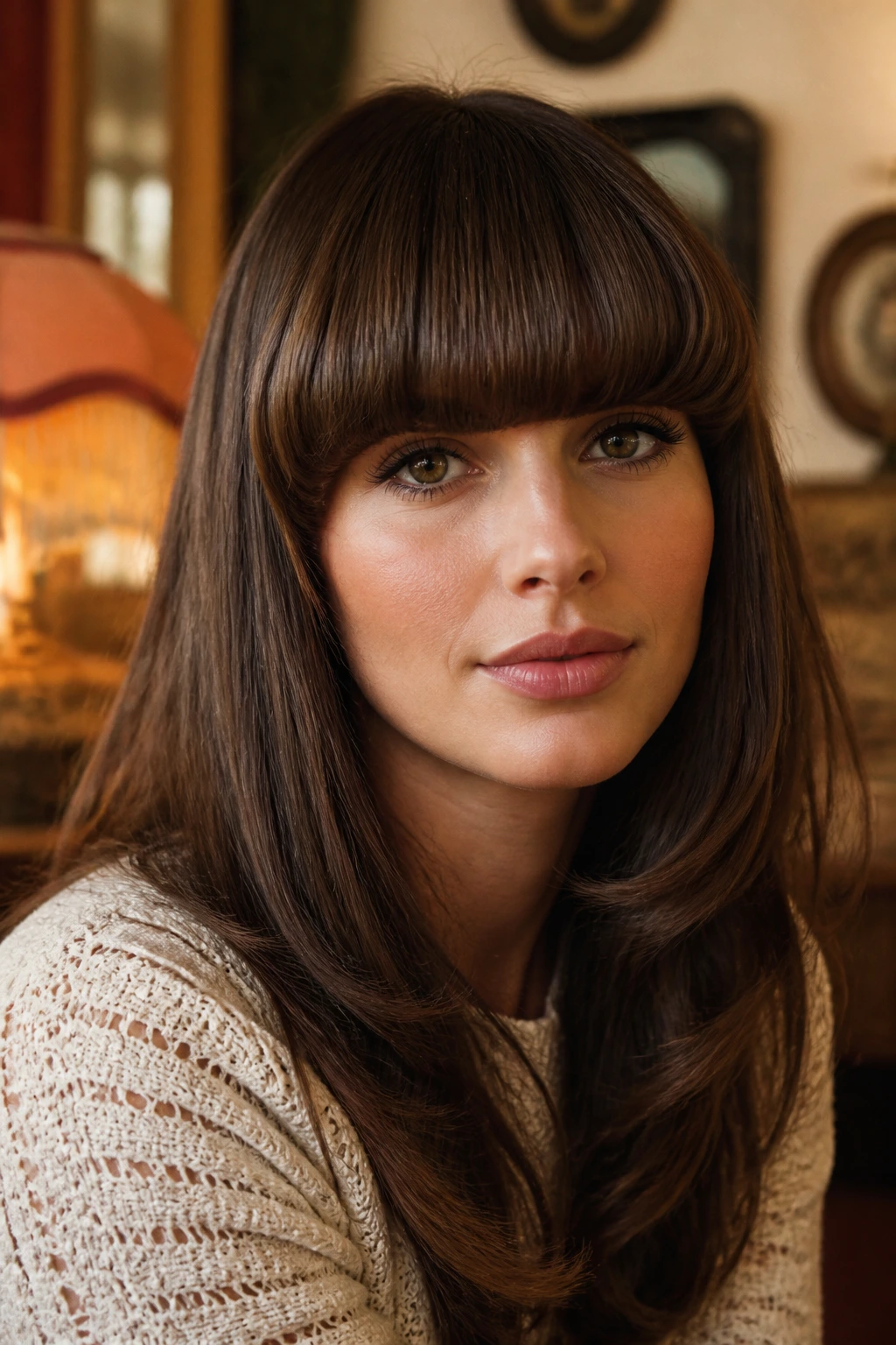 Close-up of a real person with a blunt fringe curled under at the ends in a retro style