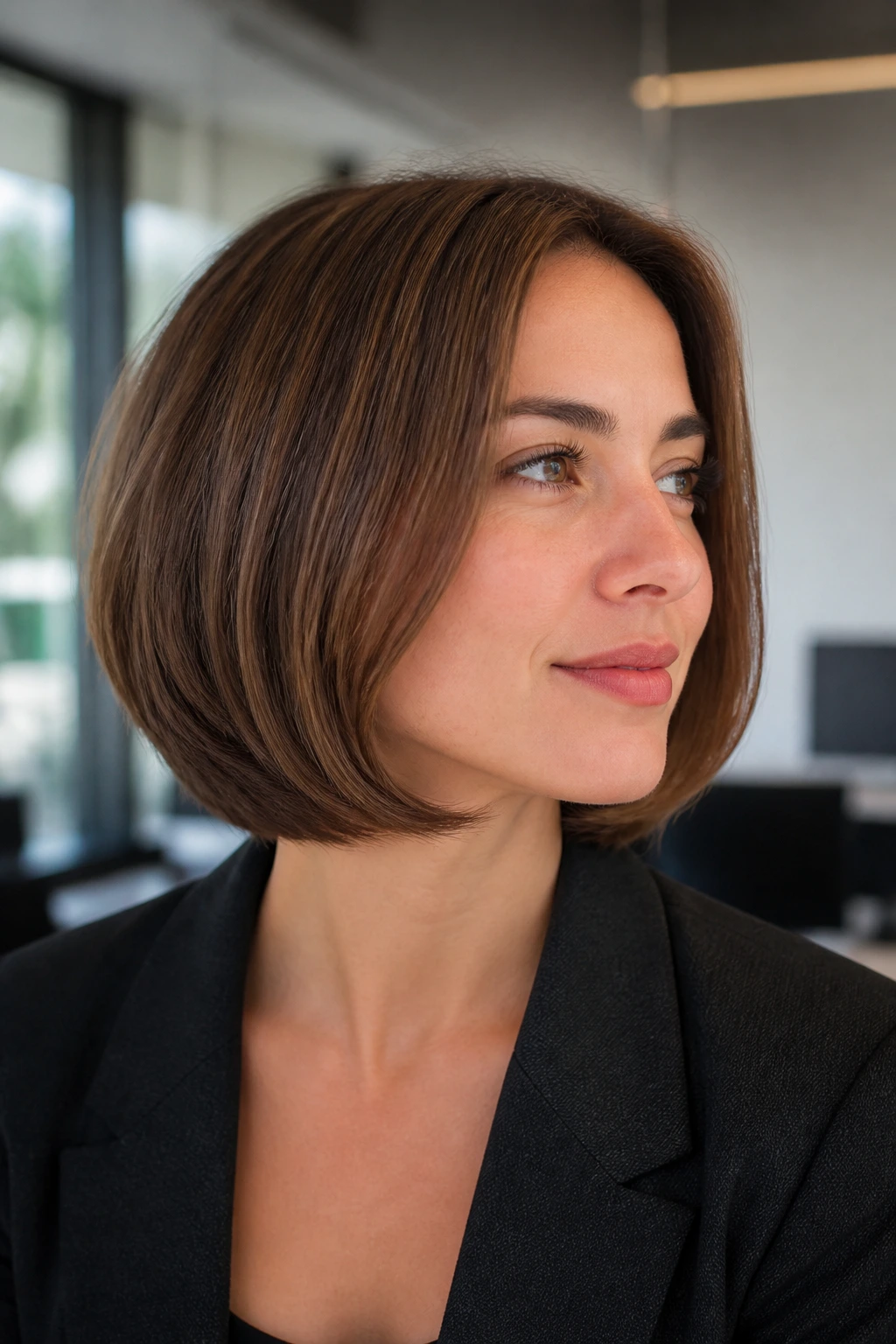 Medium close-up of a real woman with curled-under razored bob in an office setting