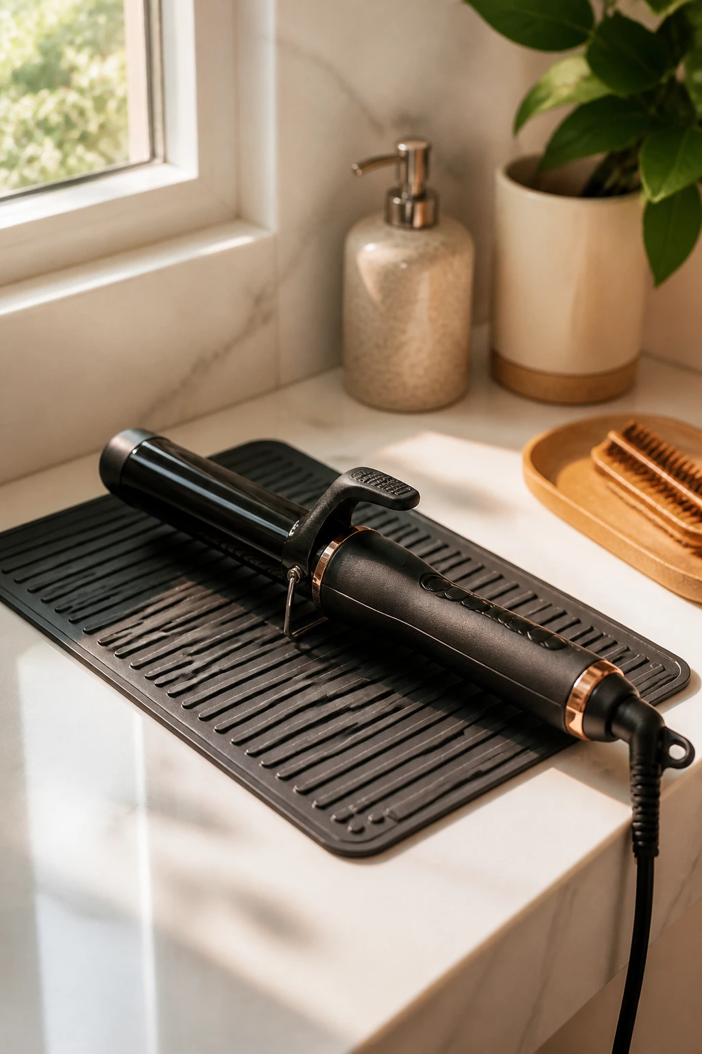 Close-up of curling iron on heat-safe mat in a bathroom, storage and maintenance concept
