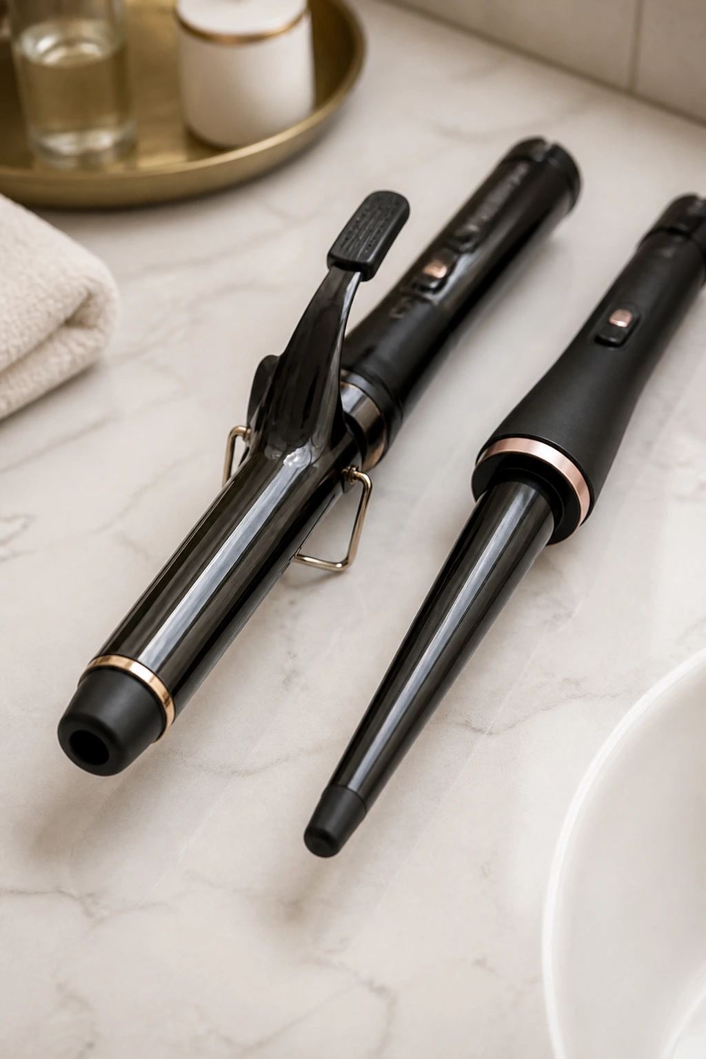 Close-up of curling iron and curling wand side by side.