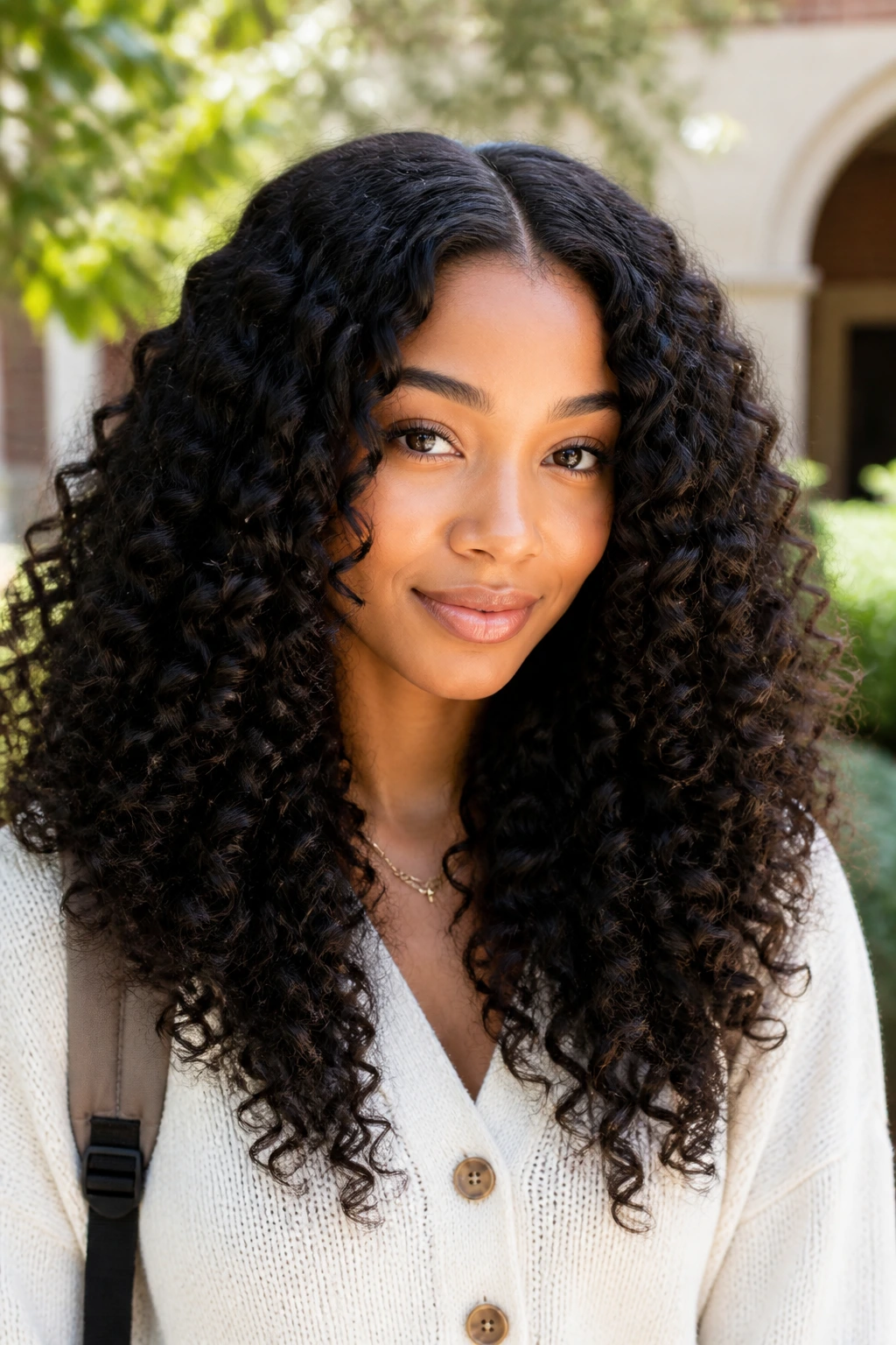 Close-up of a real woman with voluminous curls and a middle part in daylight