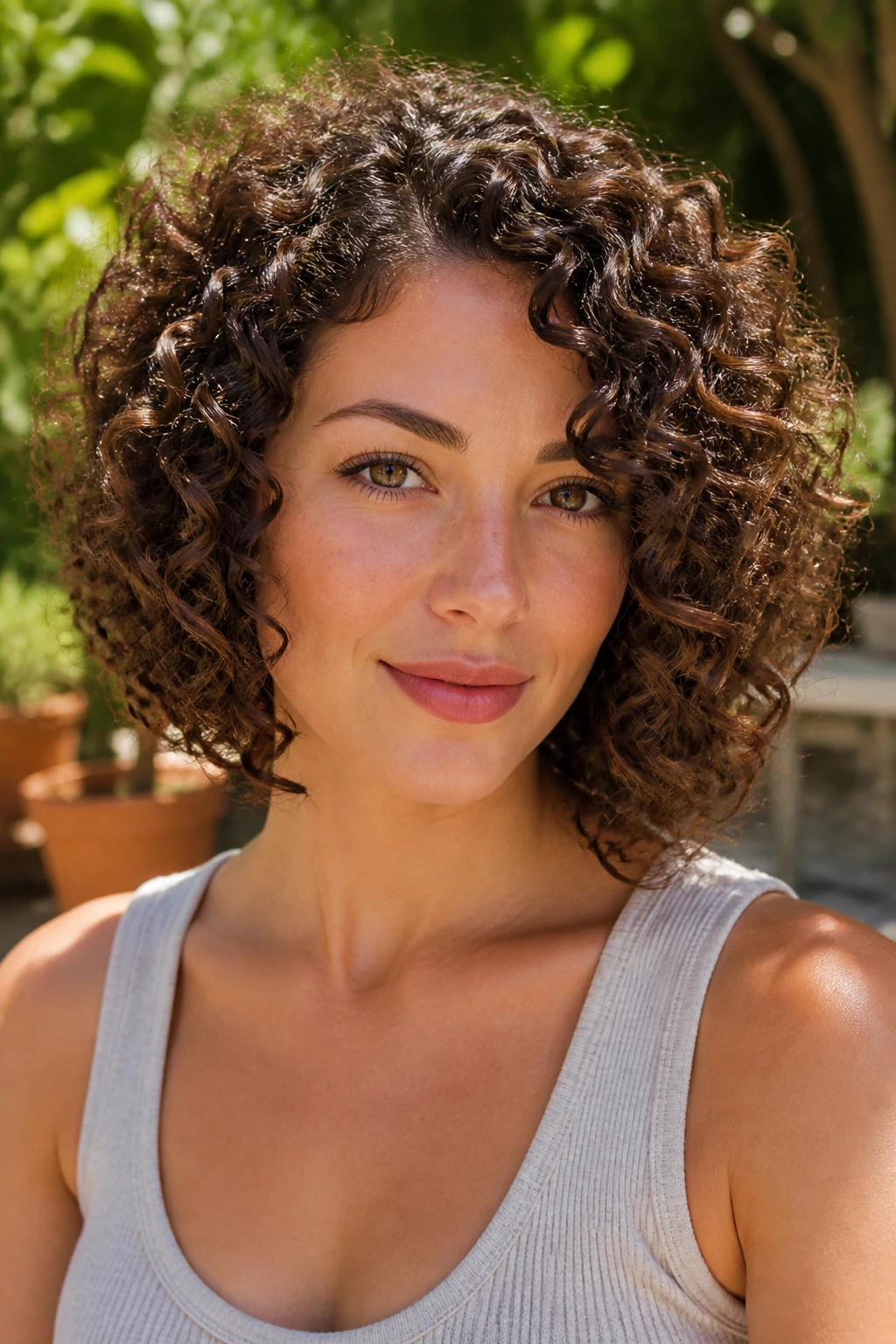 Close-up portrait of a real woman with curly A-line hair