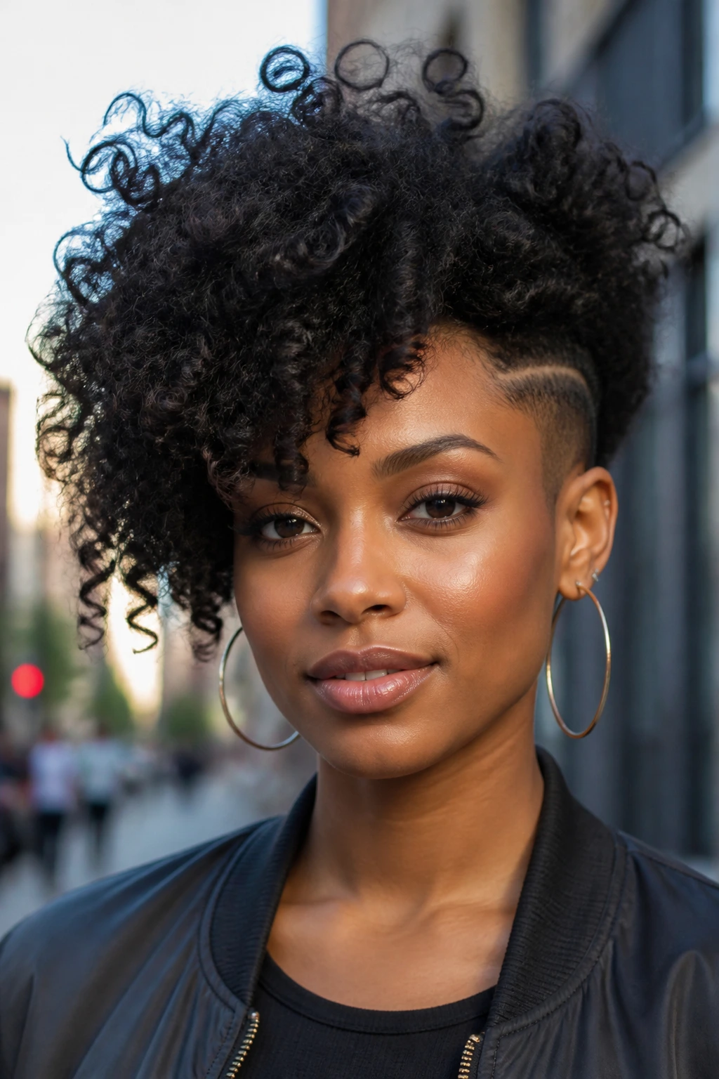 Close-up of a real person with curly afro and shaved side in natural daylight