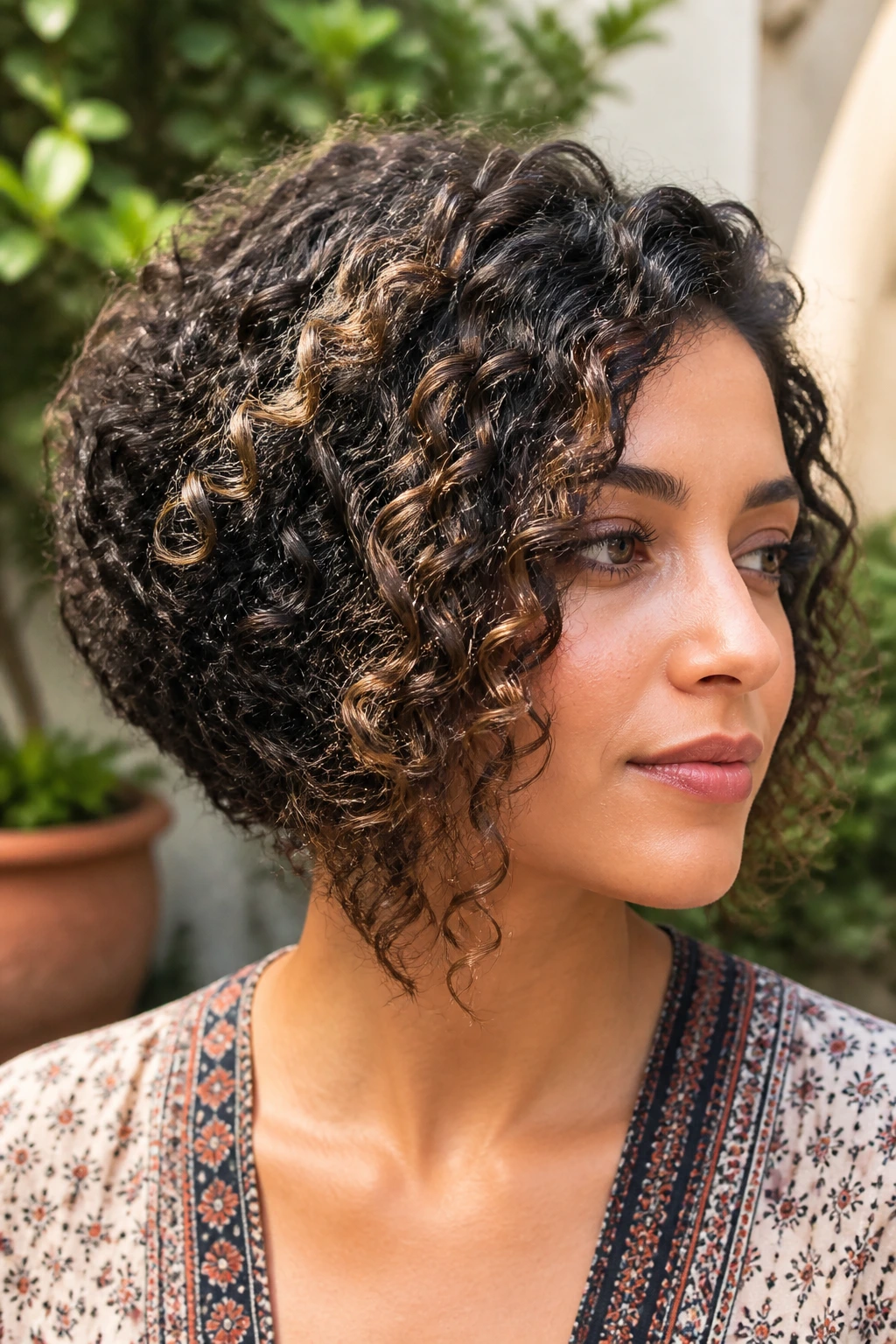 Close-up portrait of a real woman with curly angled bob showing defined spirals
