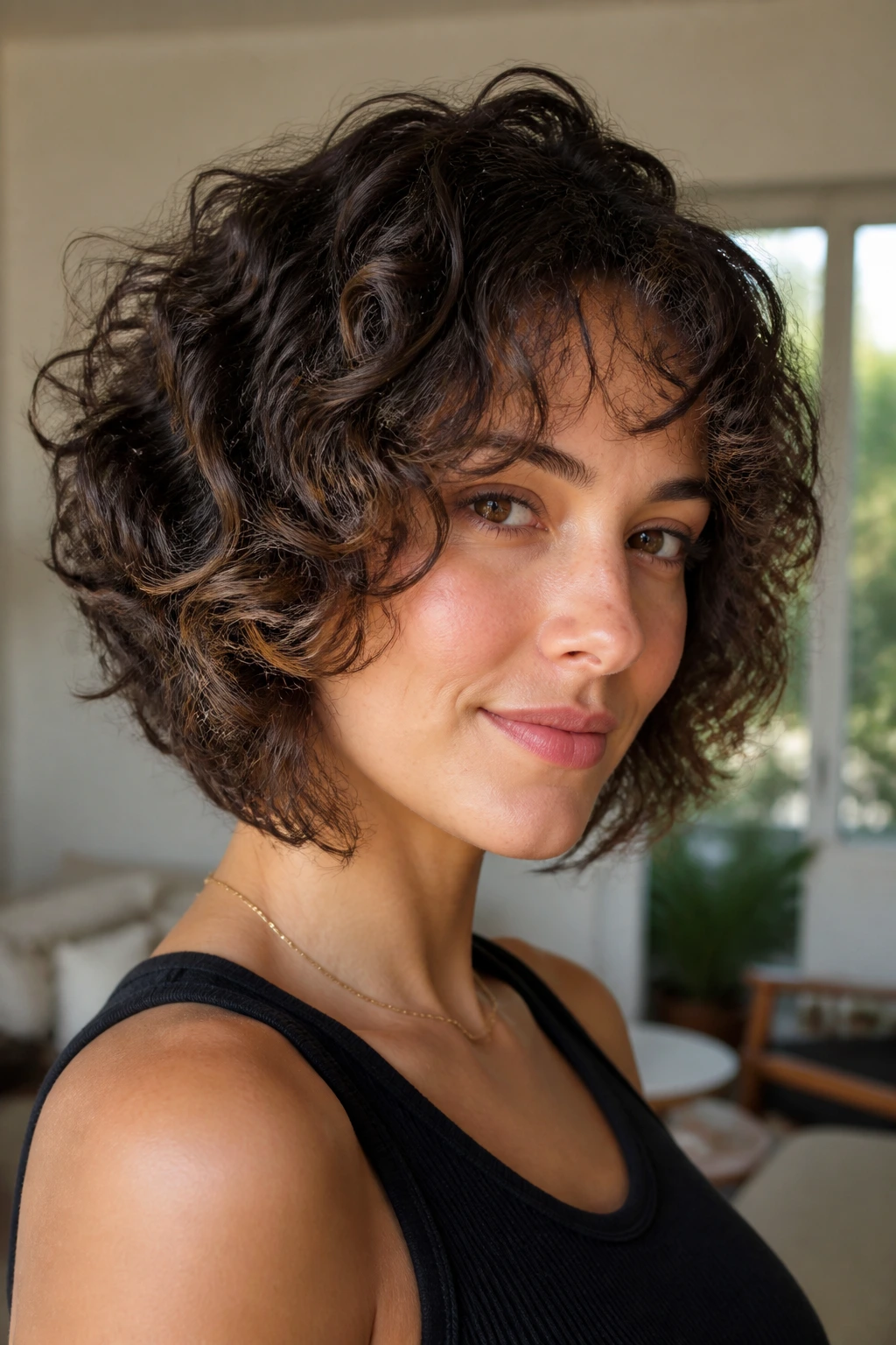 Close-up of a real woman with a curly angled bob and curtain bangs in a sunlit living space