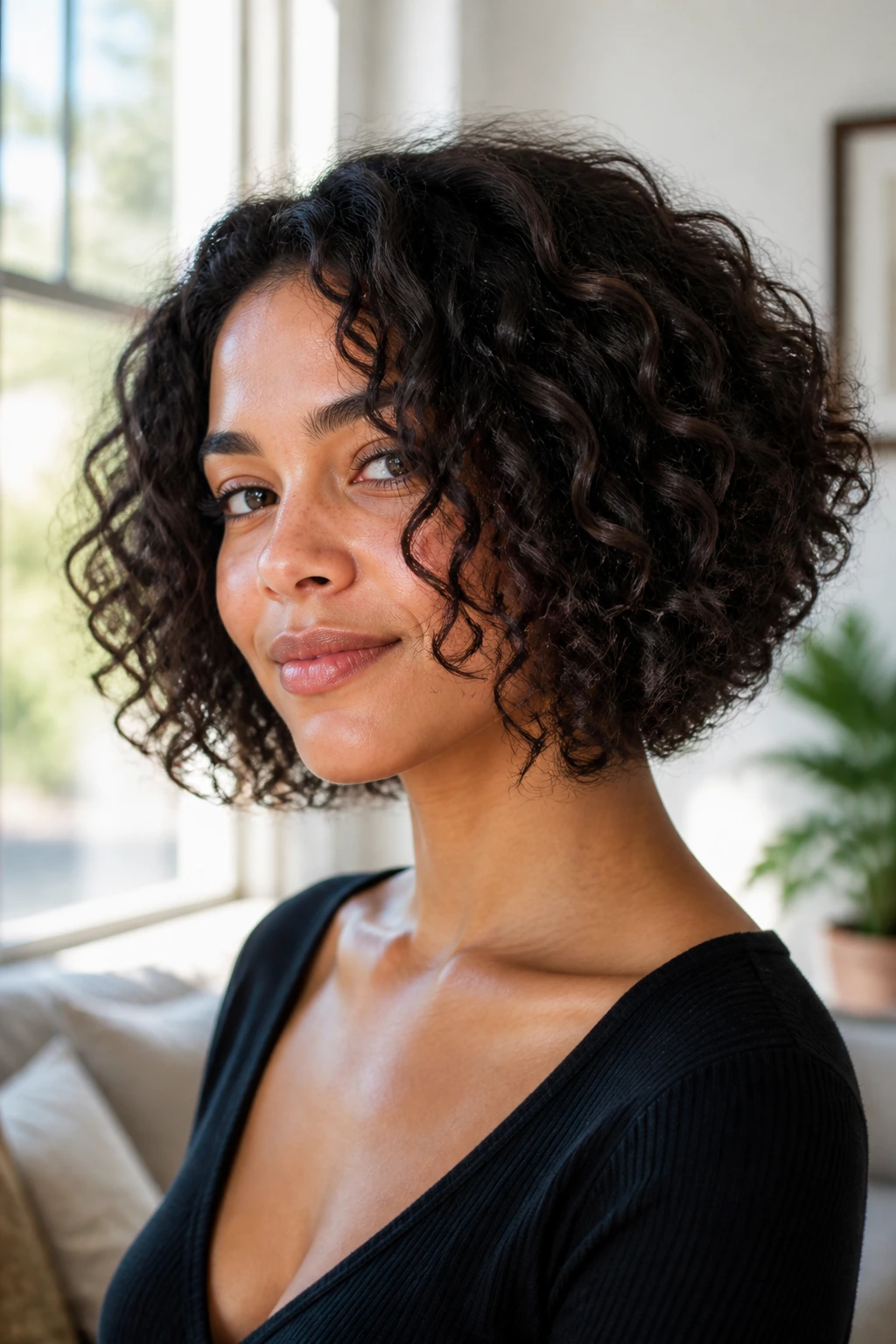 Close-up portrait of a real woman with curly-textured angled bob dominating the frame