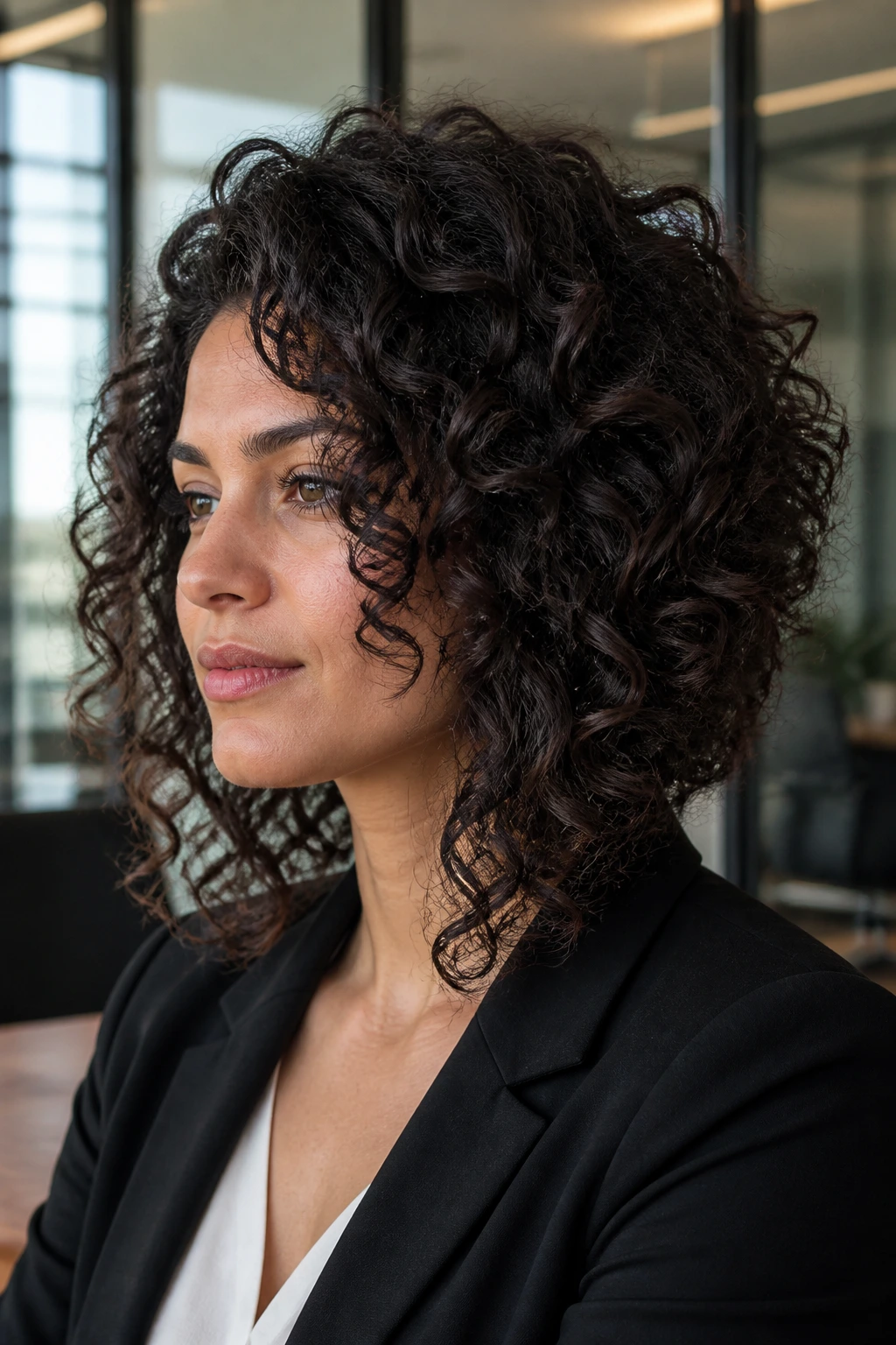 Close-up of a real woman with curly angled cut and voluminous layers in an office