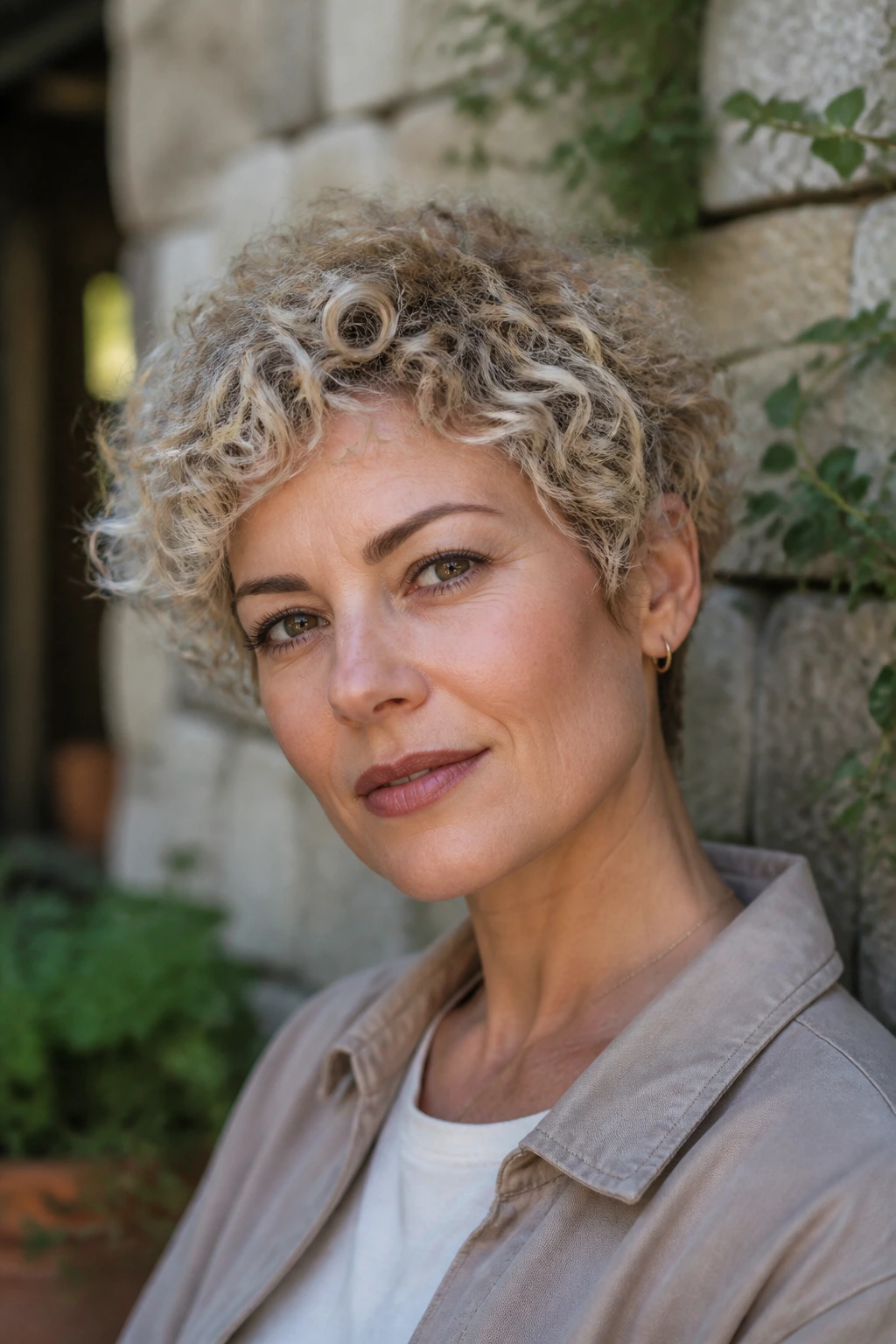 Close-up of a real woman with curly ash blond cropped cut outdoors
