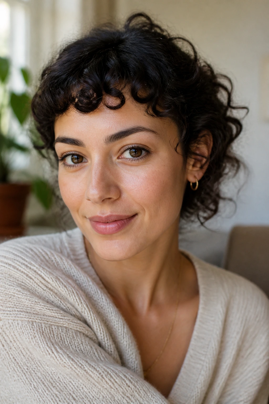 Close-up of a real woman with curly baby bangs in a cozy living room.
