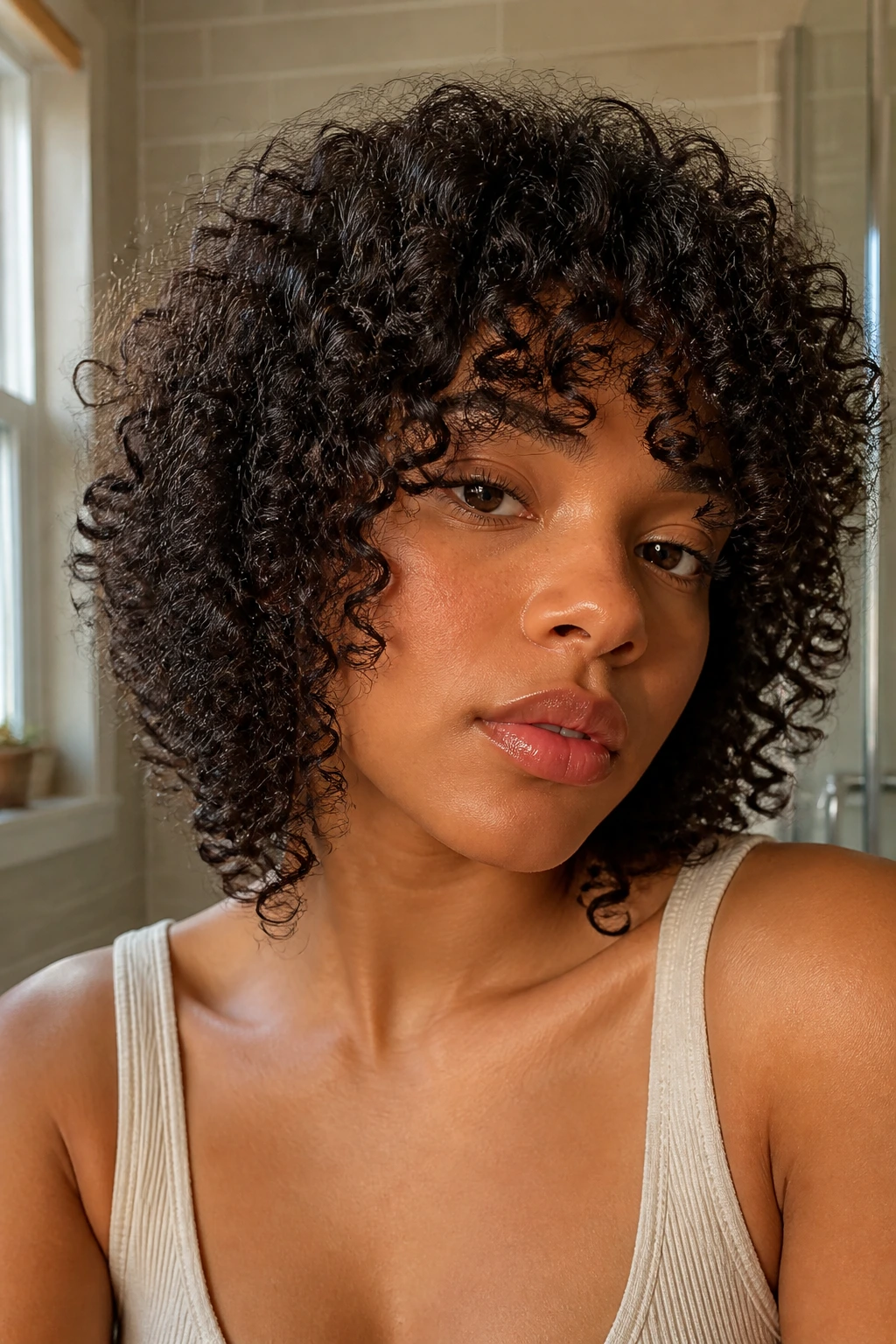 Close-up portrait of a real woman with bottleneck curls framing the eyes