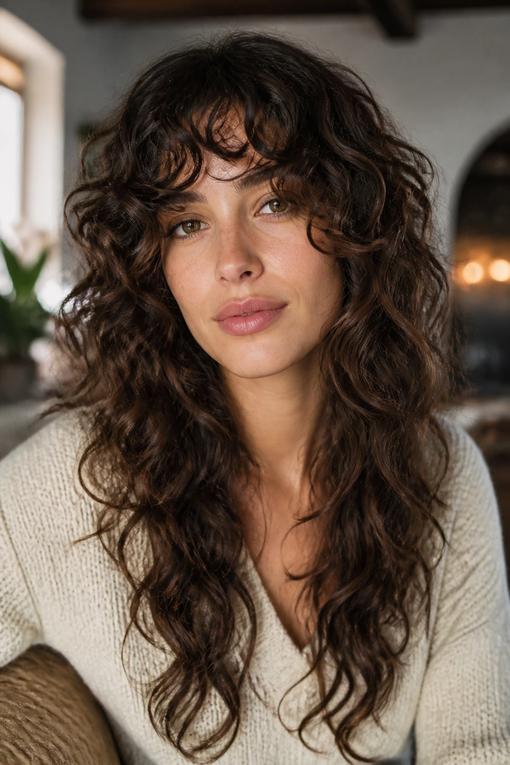 Close-up of a real woman with curly bangs and long layers against a cozy background