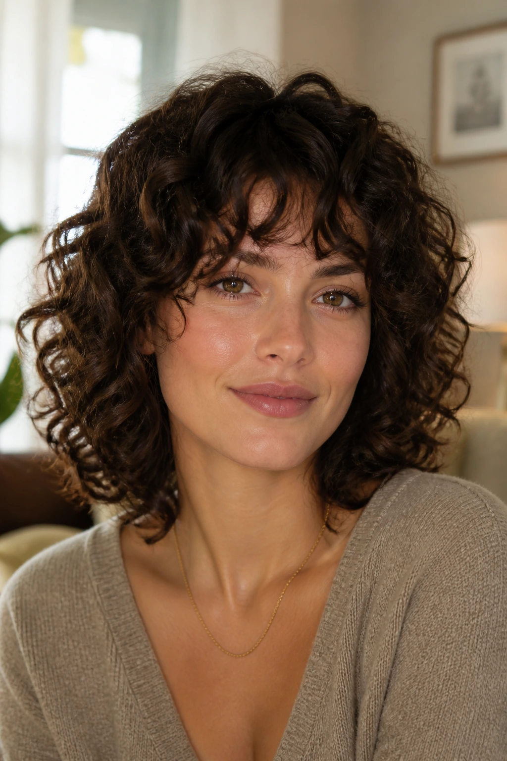Close-up portrait of a real woman with curly bangs balancing a square jaw in warm window light