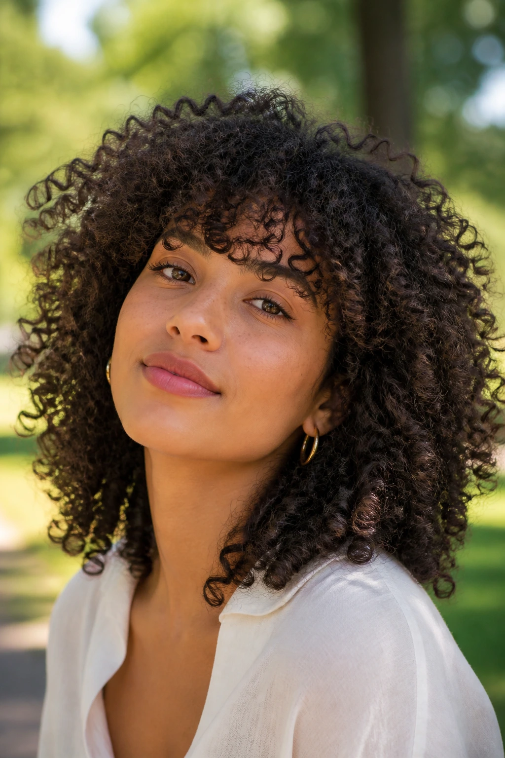 Portrait of a person with voluminous curly shag bangs outdoors in sunlight