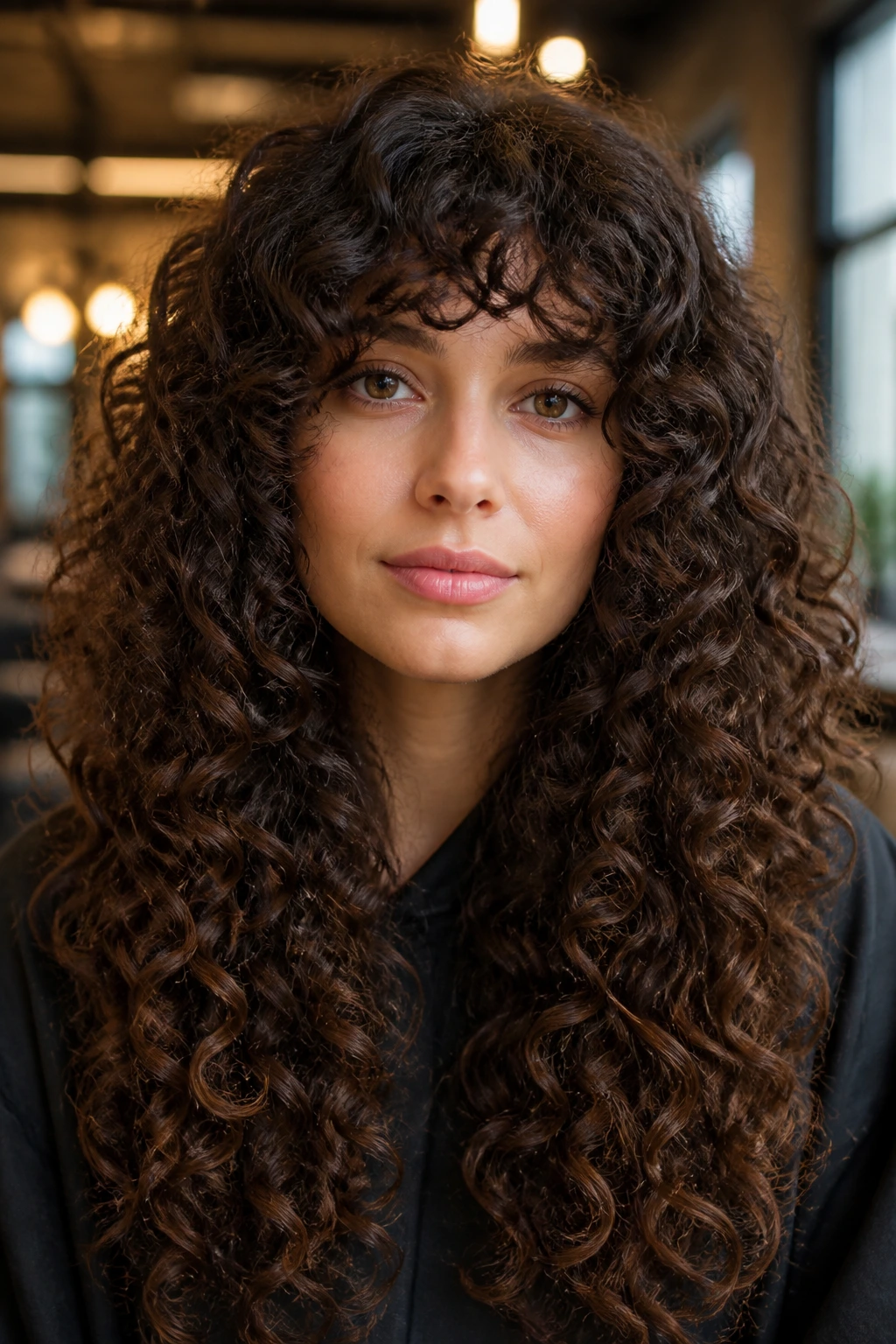 Close-up of a real woman with curly heavy bangs and long ringlets in a warm salon