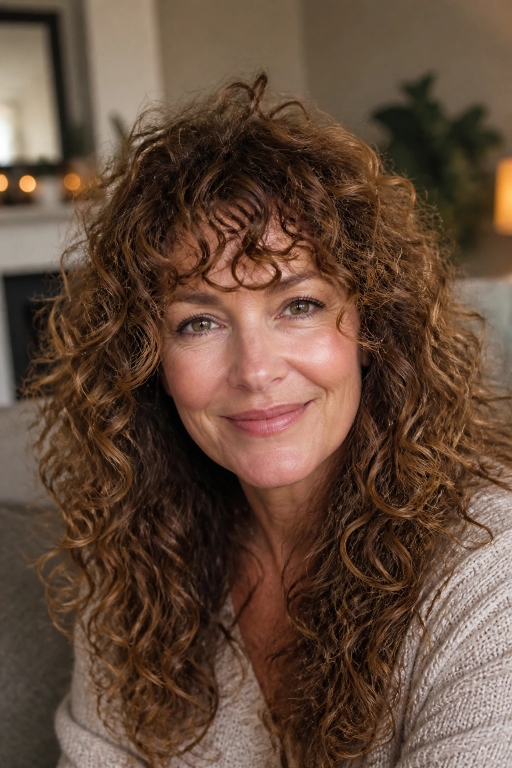 Portrait of a woman with curly shag and spiraled ringlet bangs
