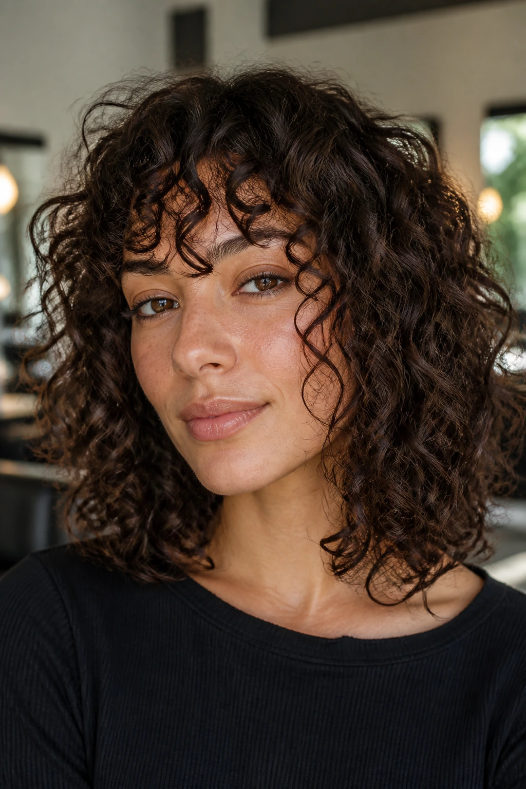 Close-up of a woman with curly shoulder-length lob and ringlet bangs in soft window light