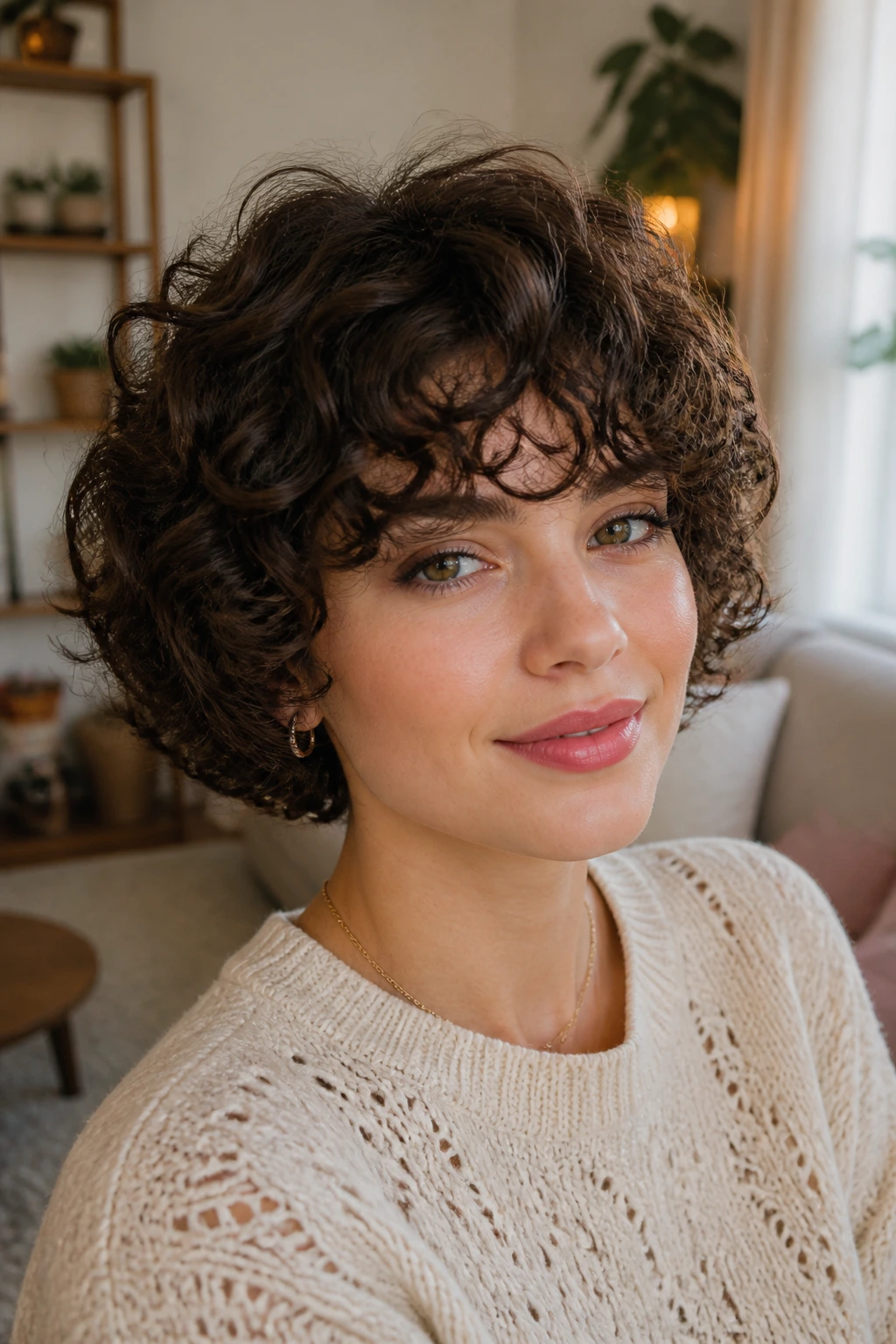 Close-up of a real woman with curly bangs and a stacked curly bob