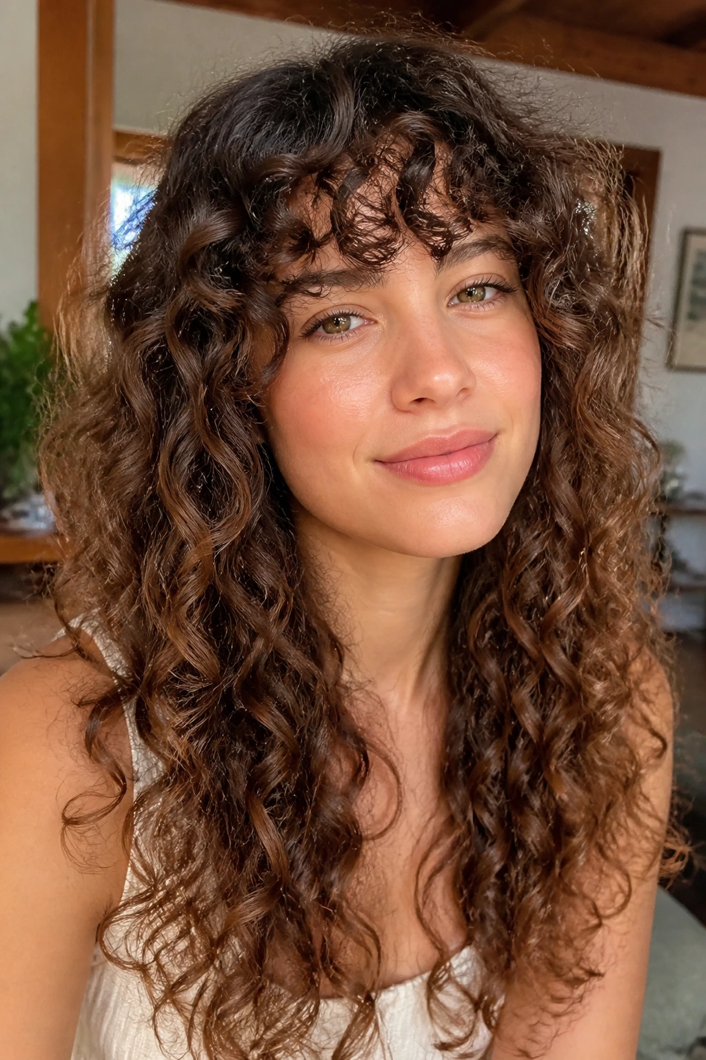 Close-up of a real person with curly bangs and defined spiral waves