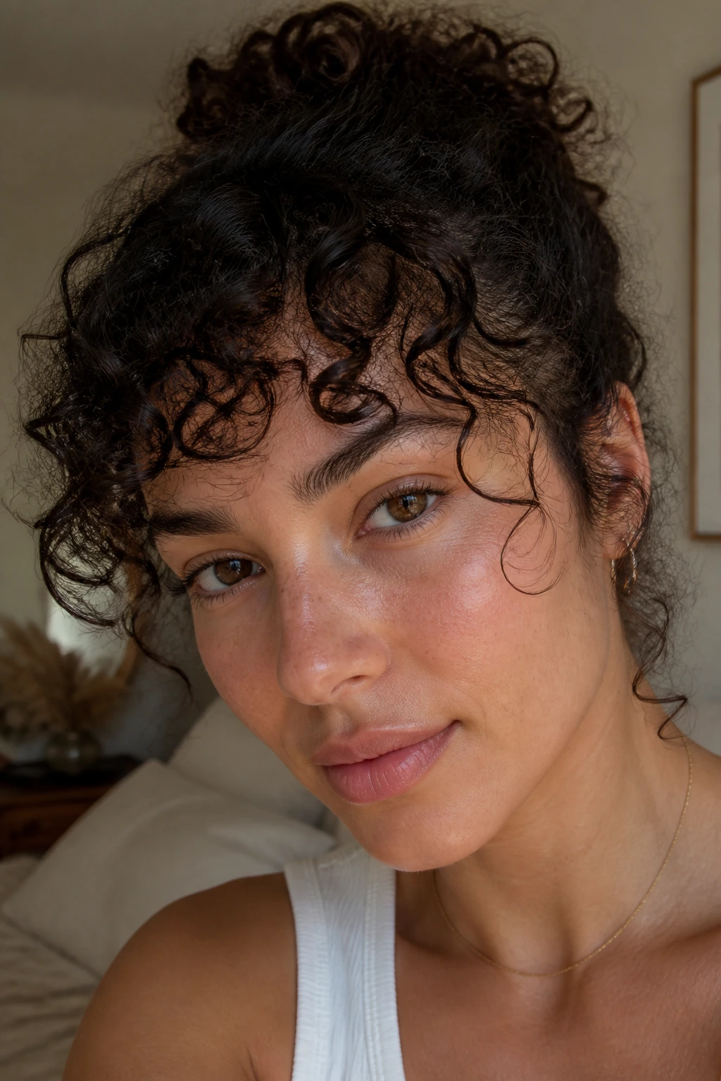 Close-up of soft curly wisps framing the brow area