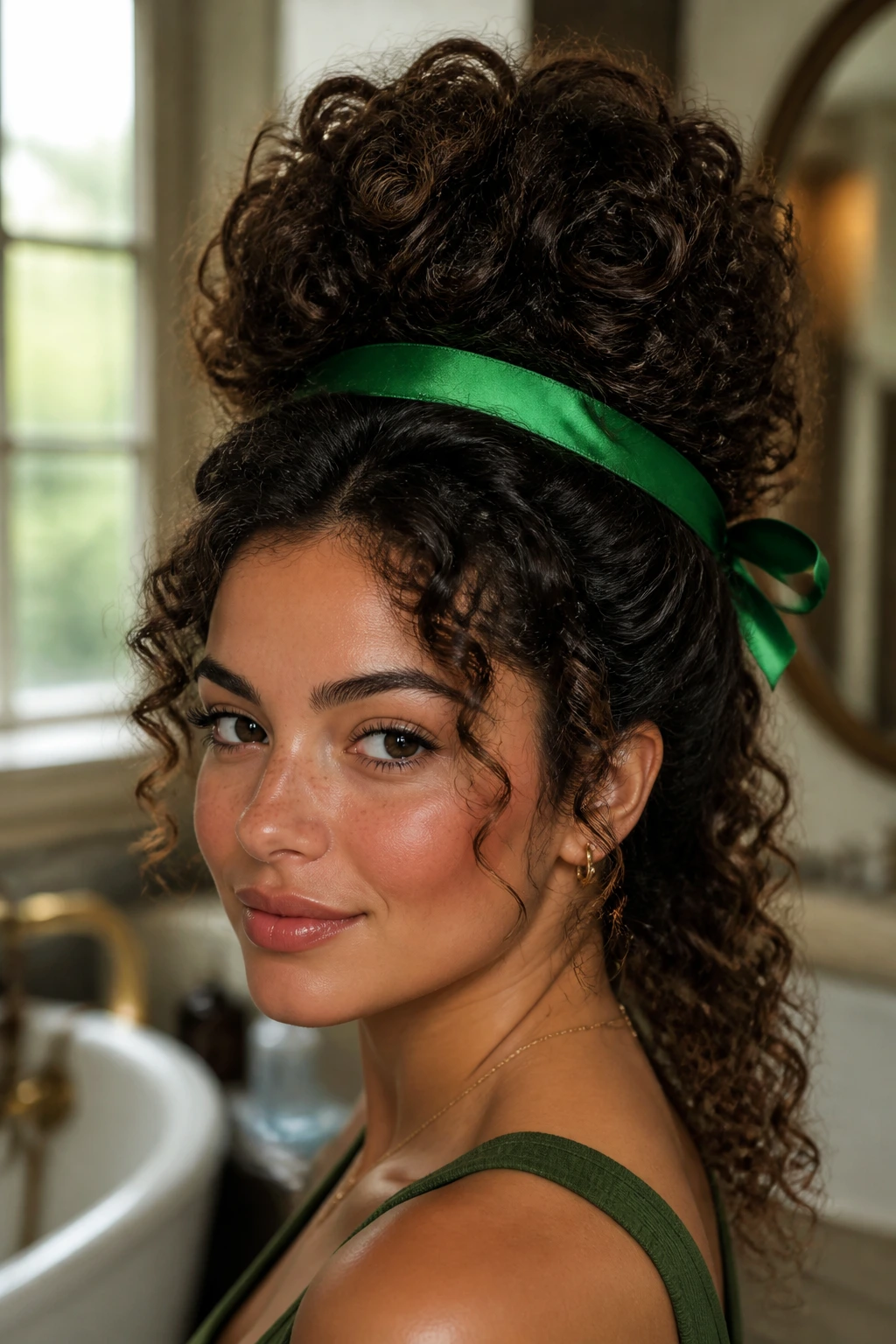 Close-up of a real woman with a voluminous curly beehive and green ribbon