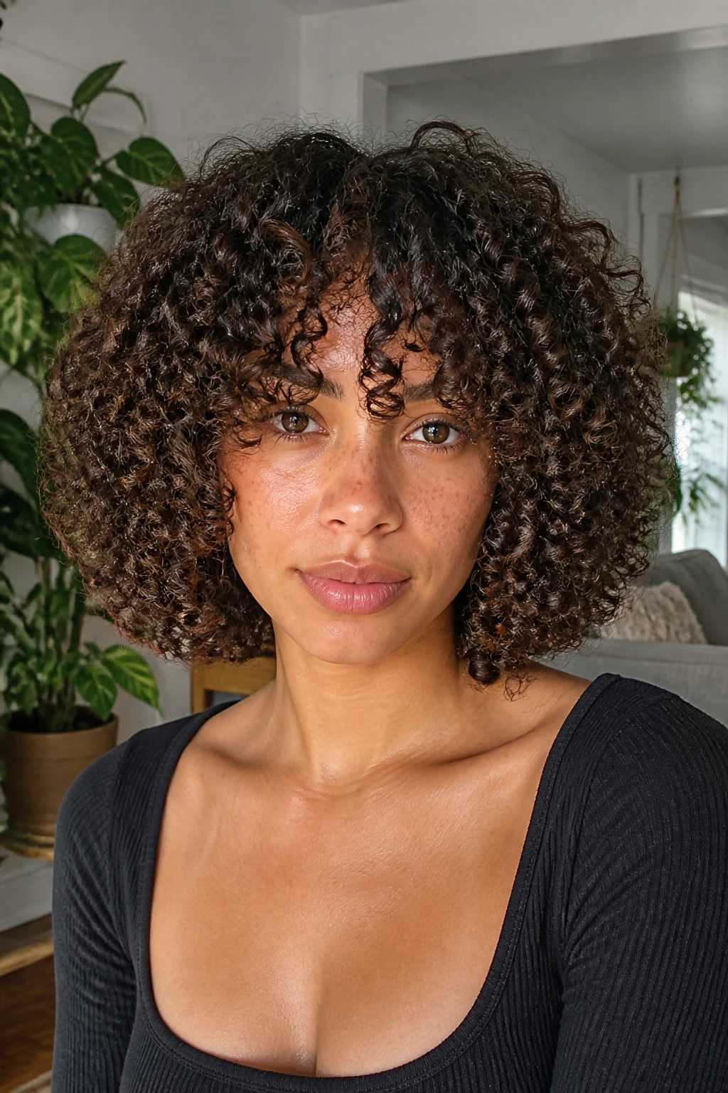 Close-up of a real woman with curly blunt bob and curtain bangs