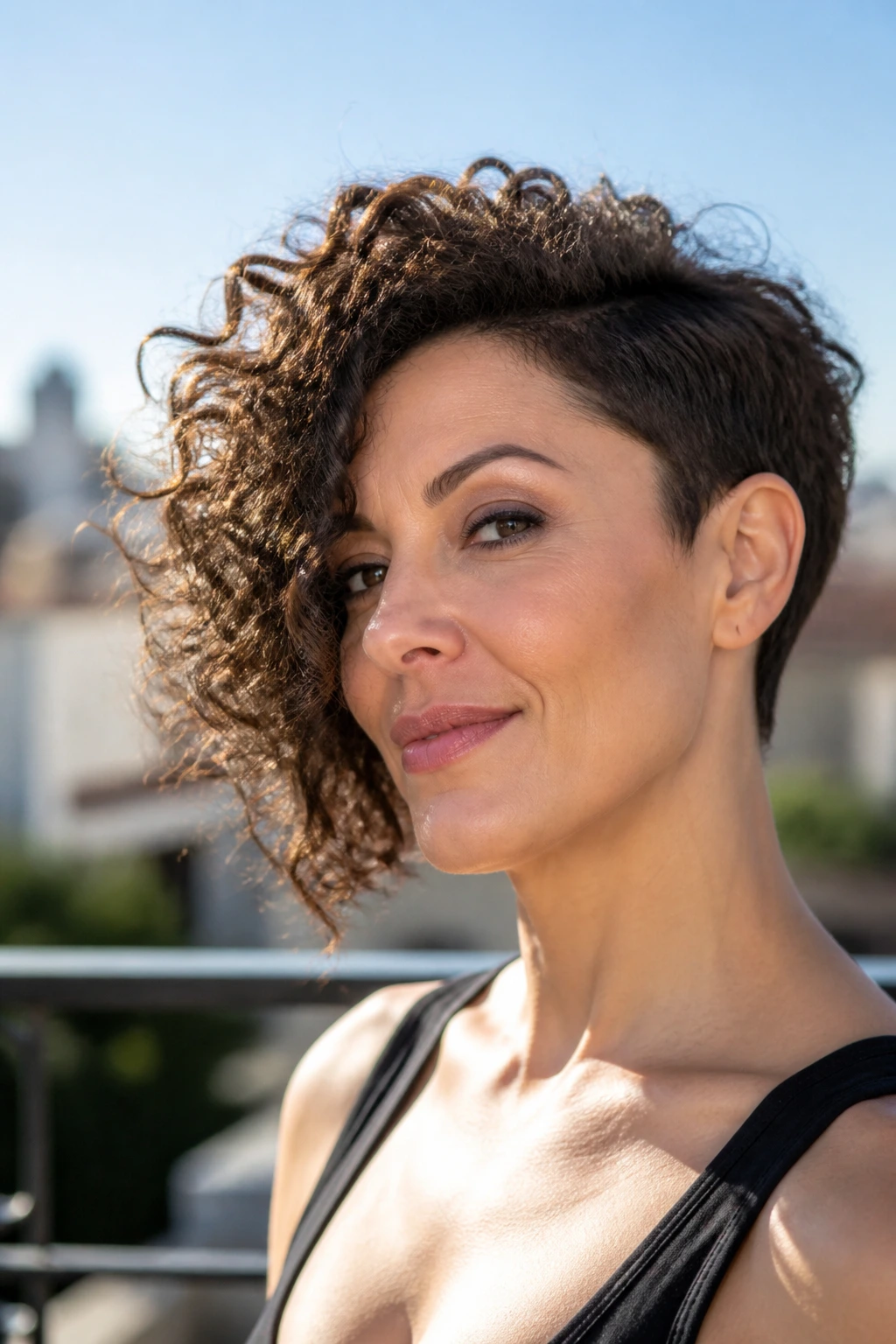 Close-up of a real woman with curly asymmetrical bob and defined curls