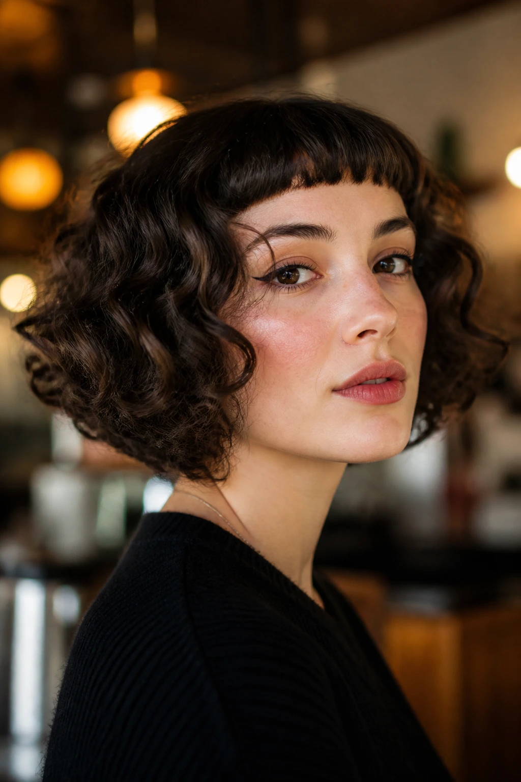 Portrait of a woman with baby bangs and curly inverted bob in a retro cafe