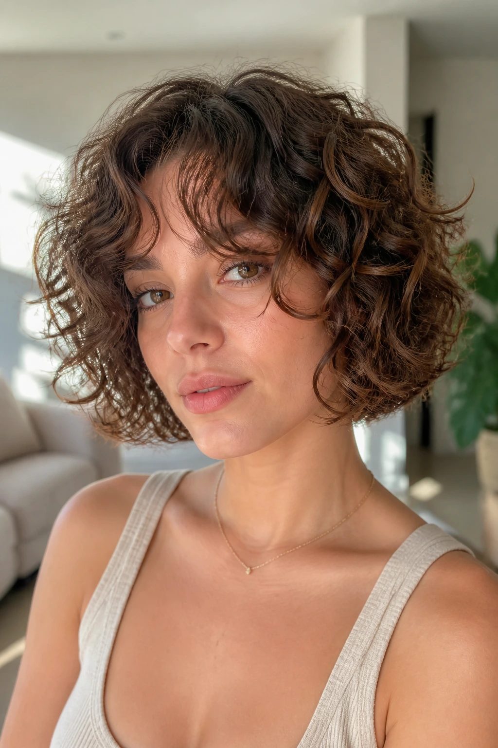 Real woman with curly bob and curtain bangs in bright living room