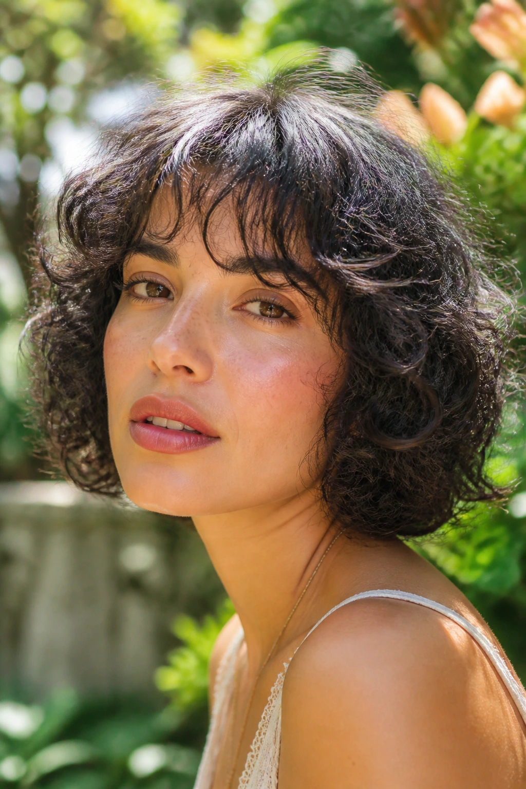 Close-up of a woman with curly bob and wispy curtain bangs in a sunny garden