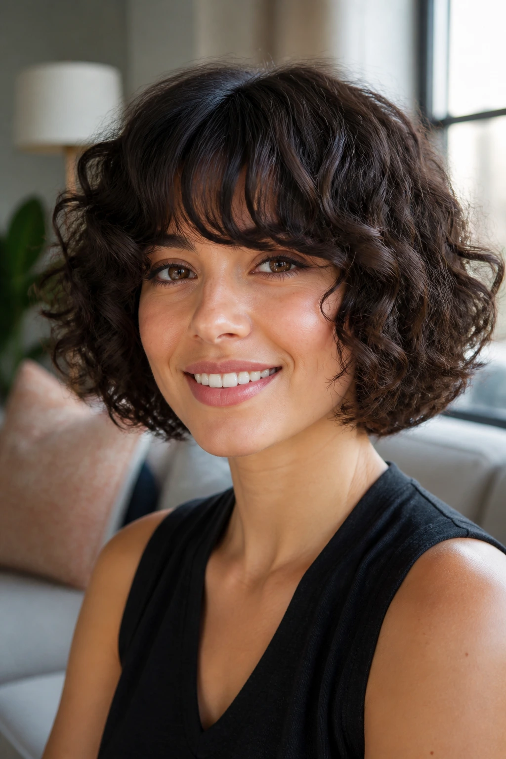 Close-up of a real person with a curly bob and heavy blended bangs.