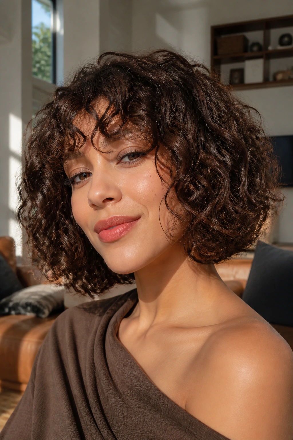 Close-up of a real person in a curly bob with bangs.
