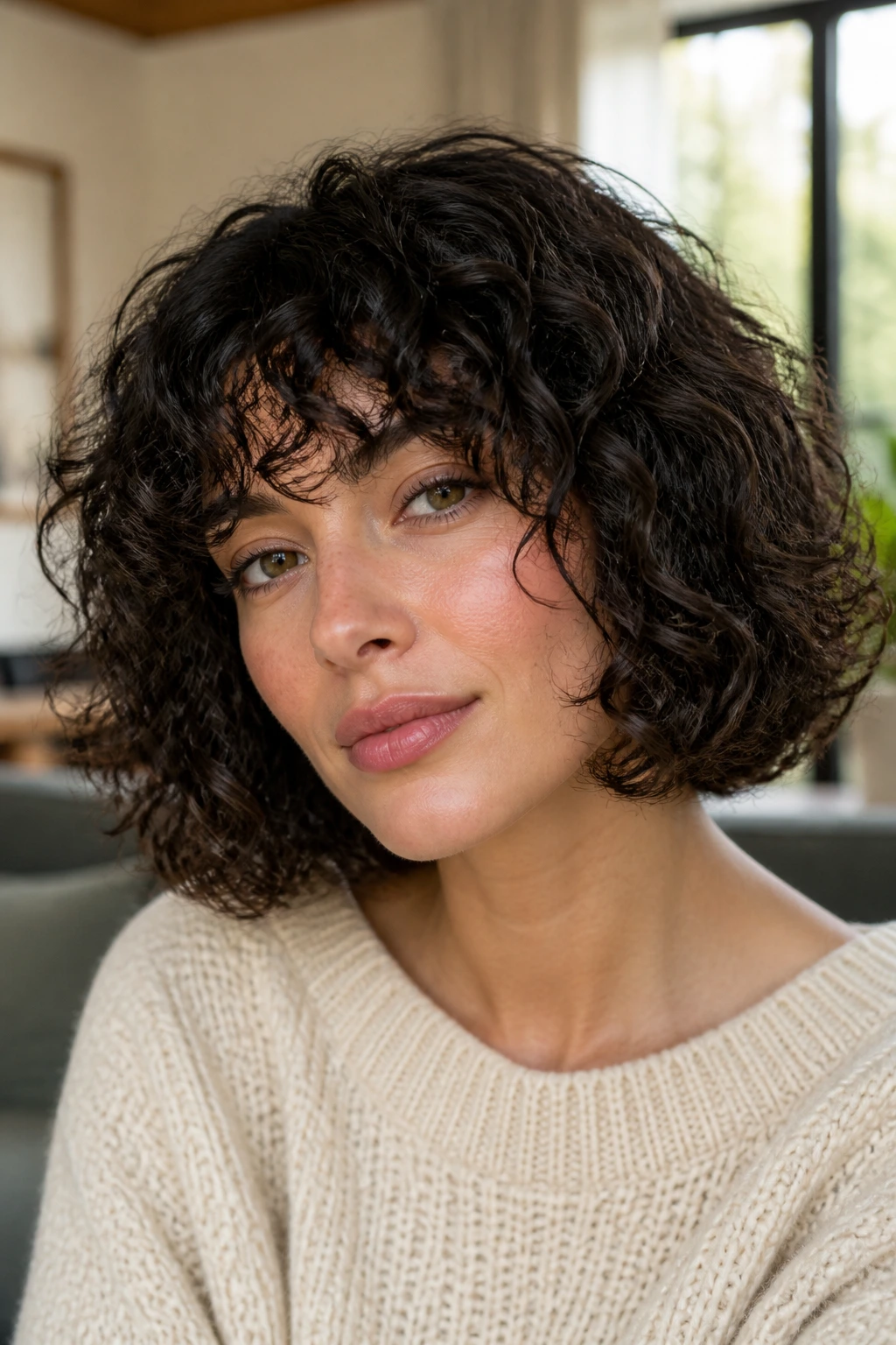 Close-up portrait of a real woman with curly bob and curly bangs, halo of curls