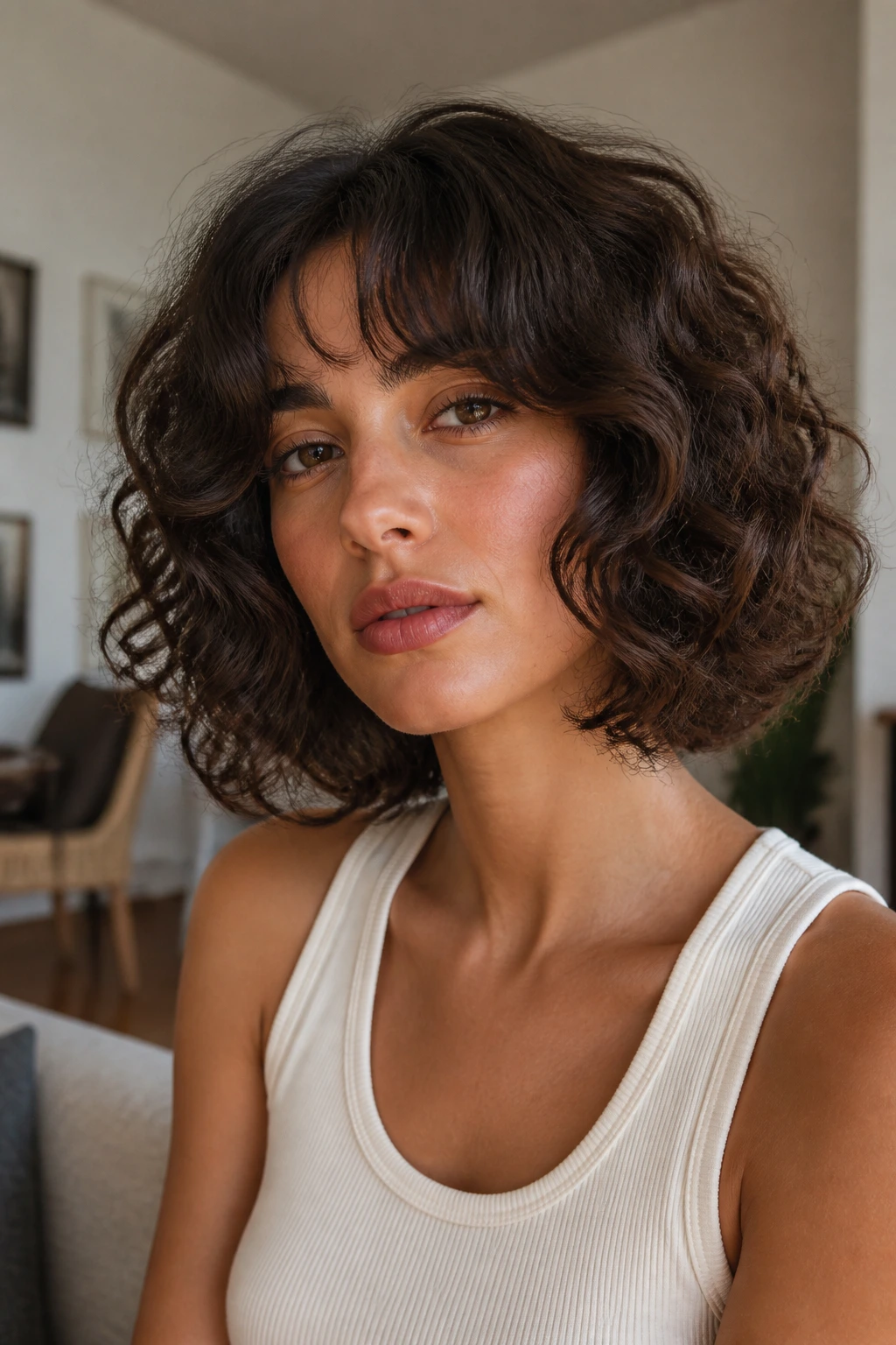 Portrait of a real woman with curly bob and blunt-ended curtain bangs