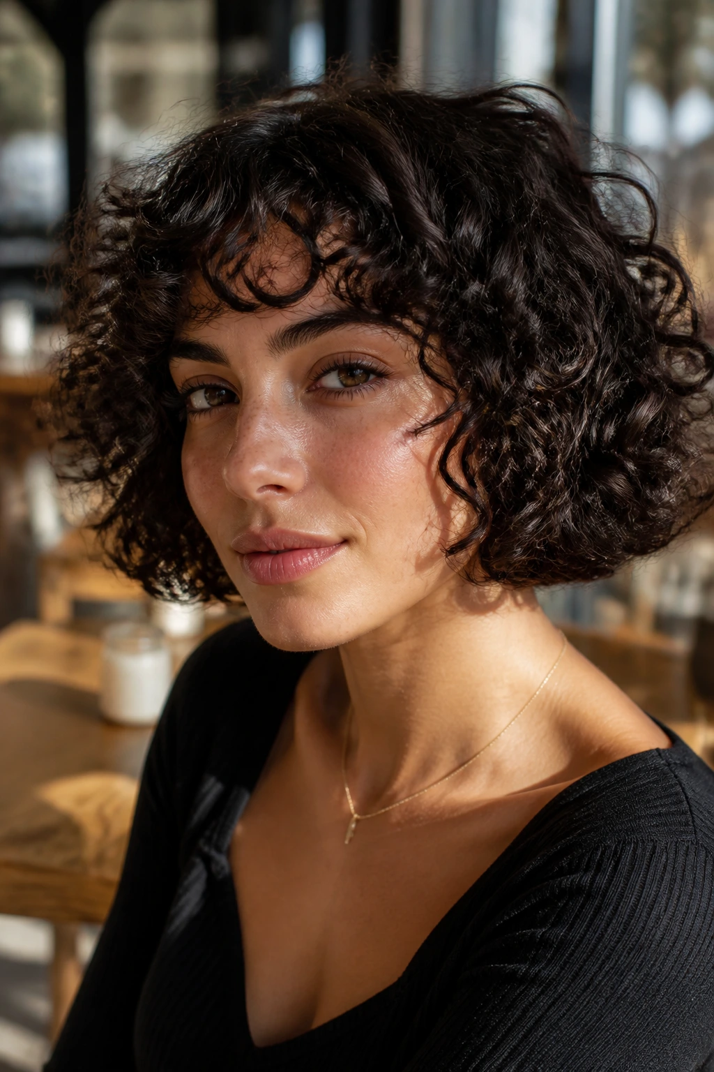 Close-up of a woman with a curly bob with blunt ends in sunlight.