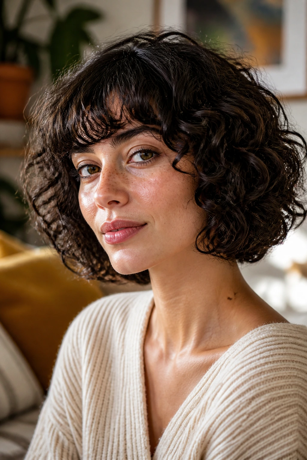 Close-up of a woman with curly bob and brow-skimming bangs in a cozy living room