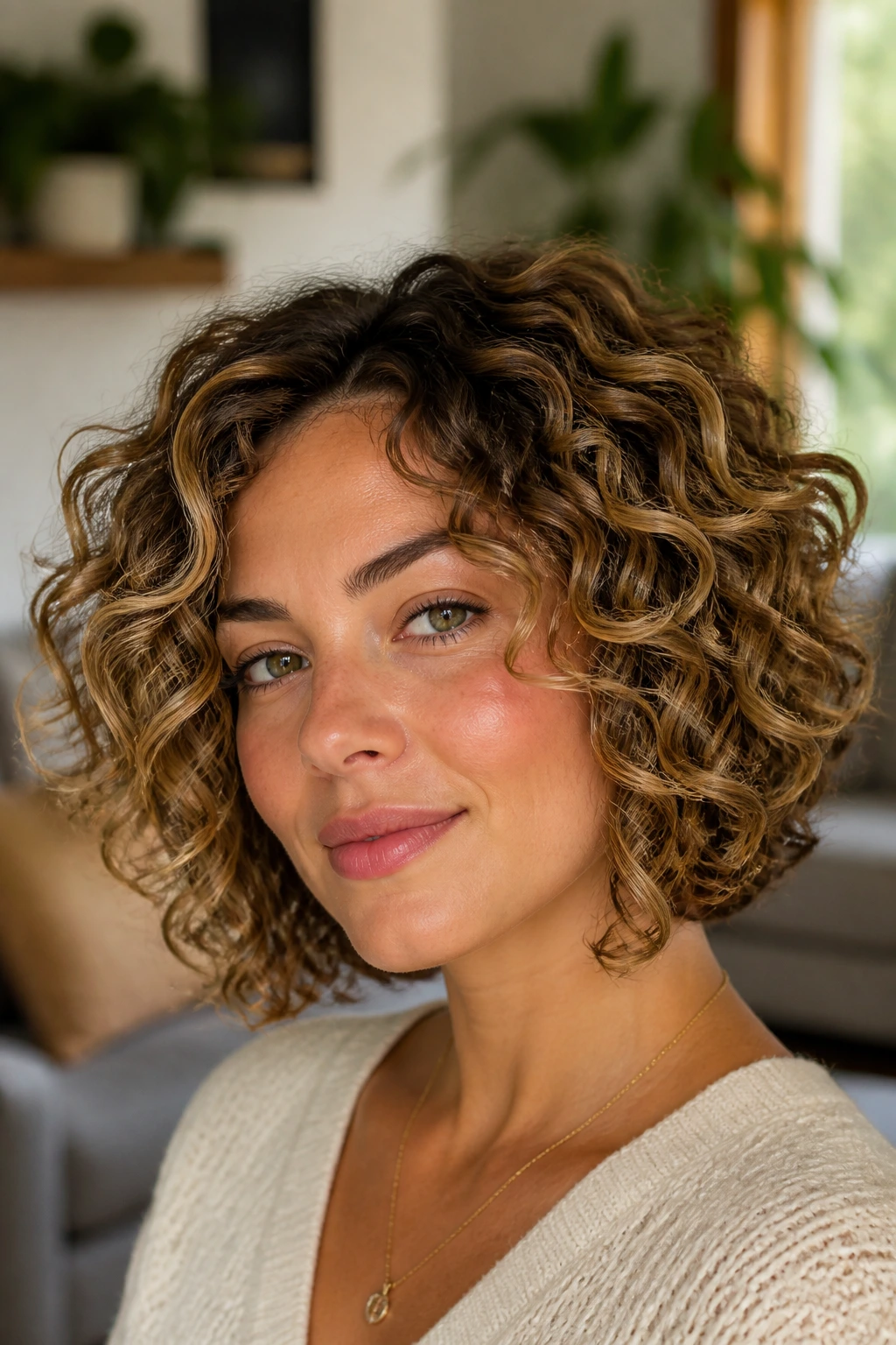 Close-up of a real woman with curly bob and caramel-blonde lowlights