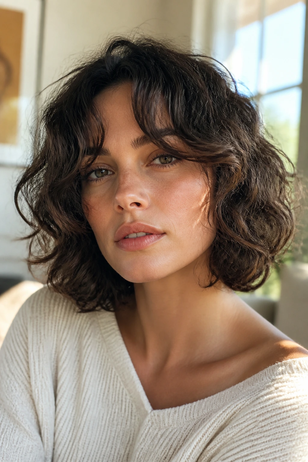 Close-up portrait of a real person with curly bob and curtain bangs in a sunlit room