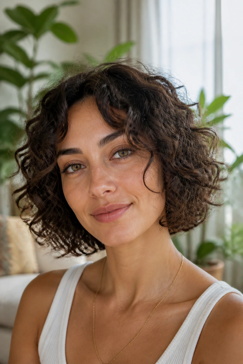 Close-up of a real woman with curly bob and face-framing curls in a bright living room