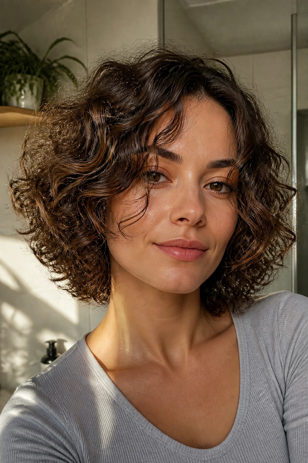 Curly bob with face-framing layers on a real woman