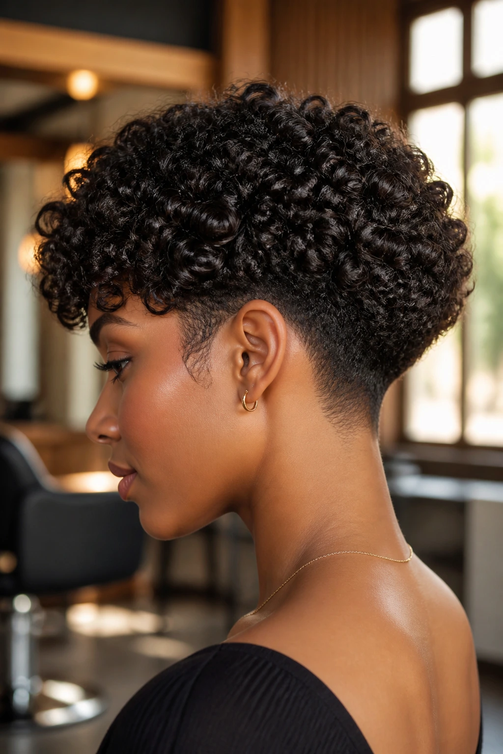 Close-up of a real person with a curly bob and tapered nape fade in a warm salon