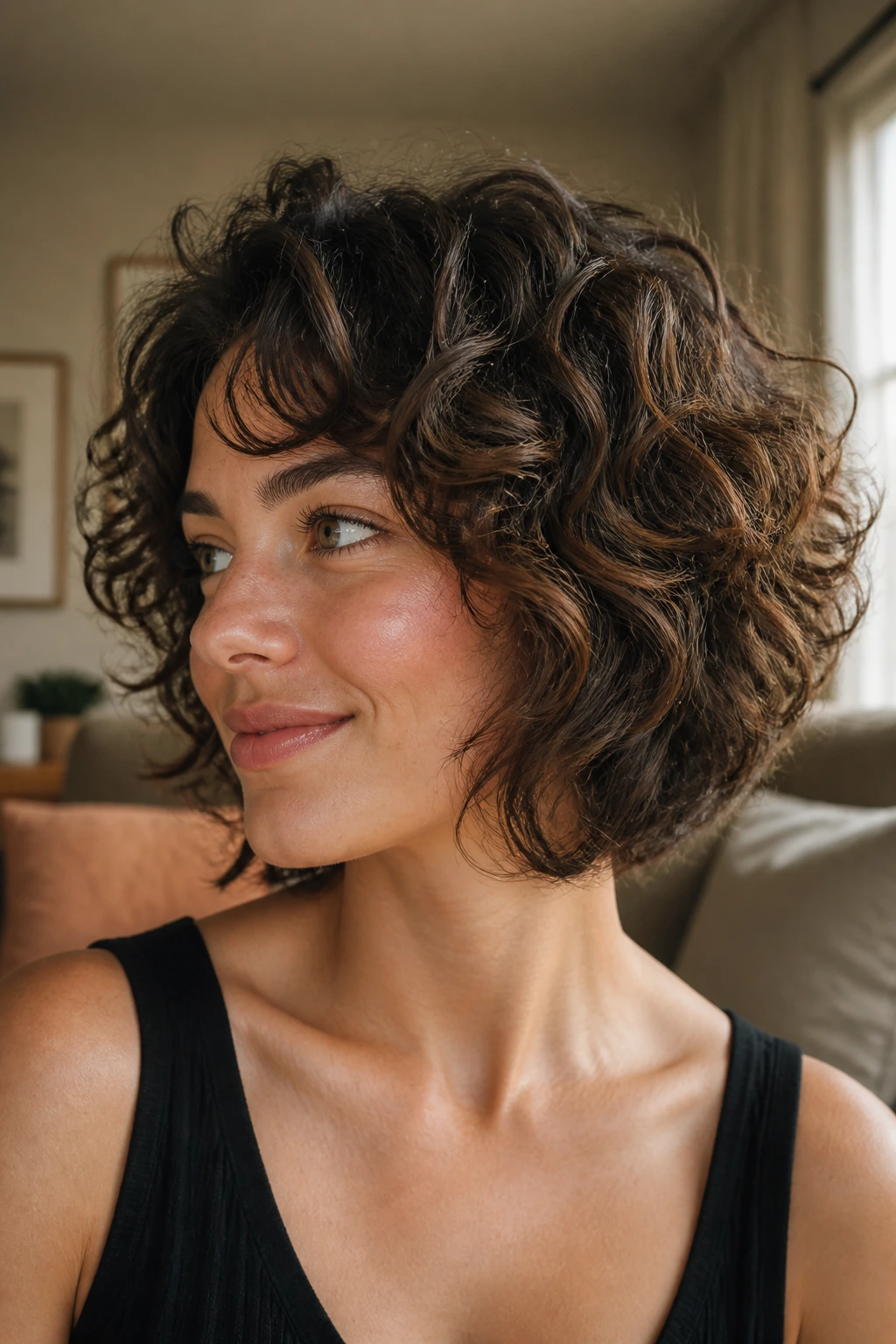 Close-up of a real person with curly bob and feathered layers