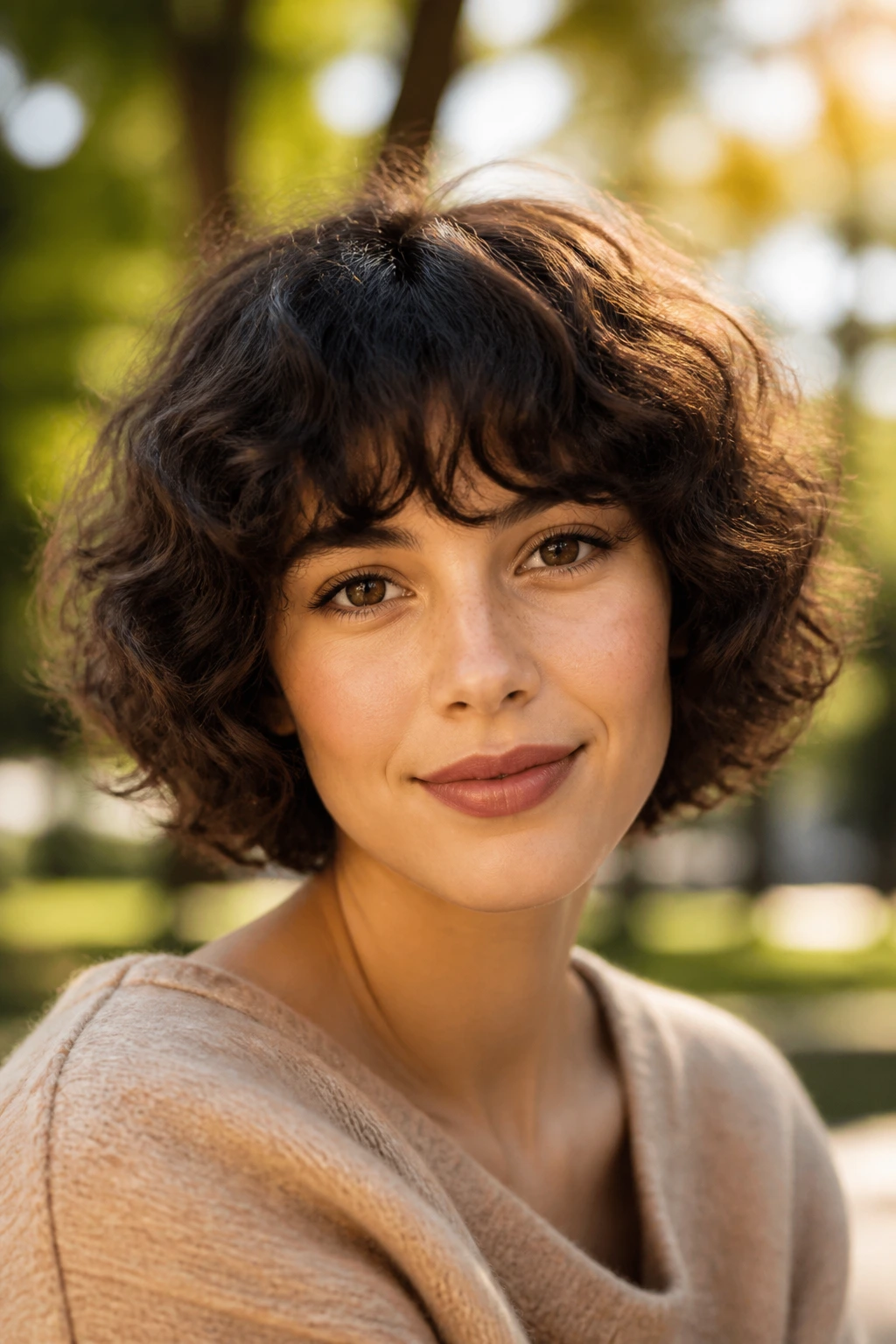 Portrait of a real woman with curly bob and full fringe in golden hour light