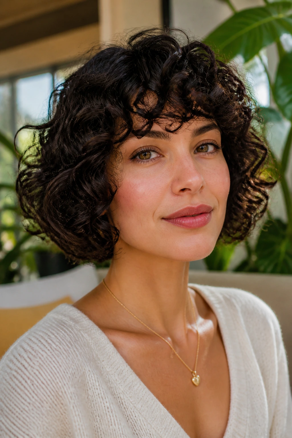 Close-up portrait of a real woman with a curly bob and curly fringe.
