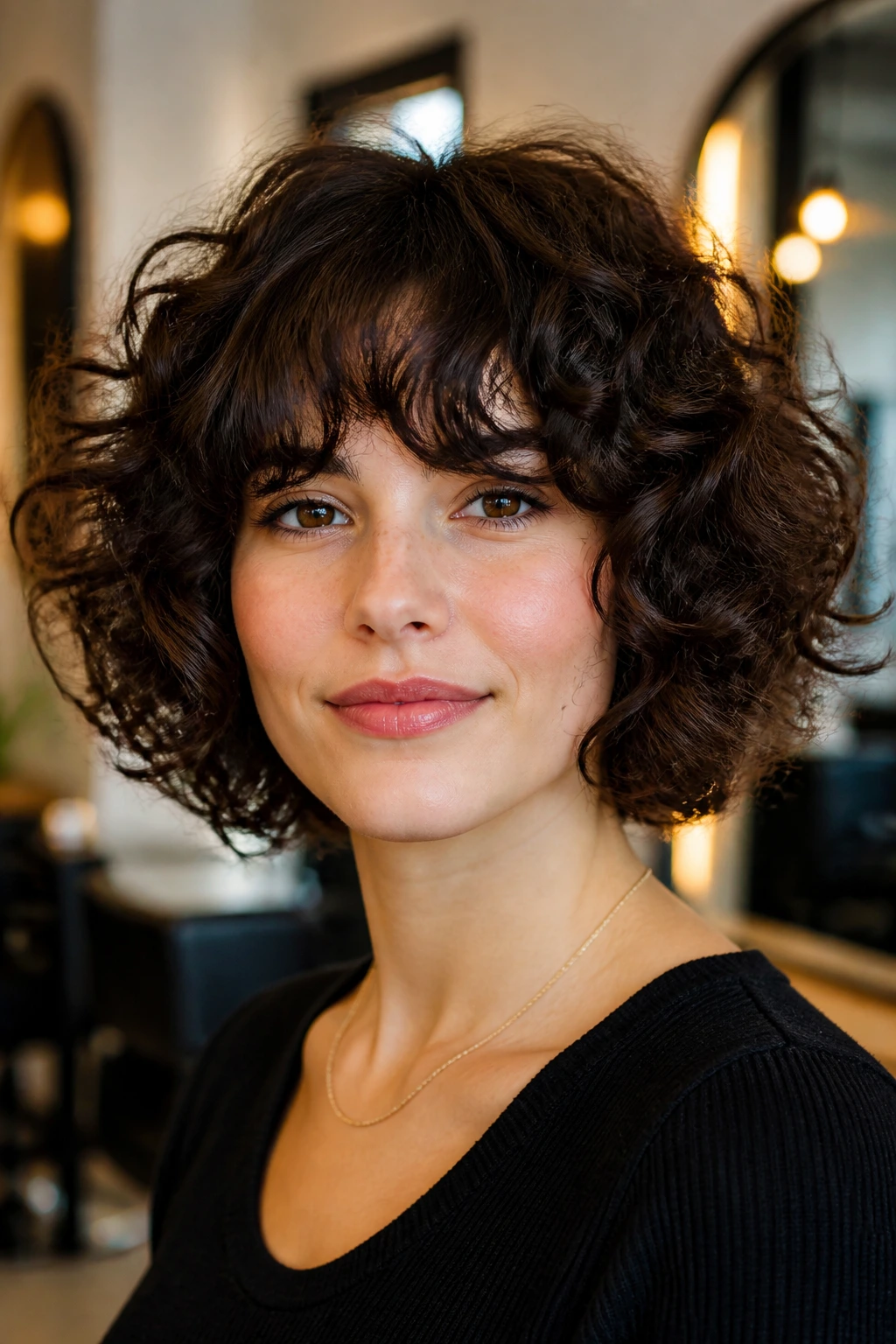 Close-up of a real woman with curly choppy bob and full fringe in a salon